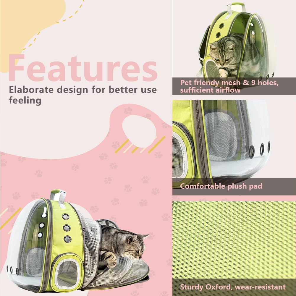 Expandable Cat Backpack Carrier with Clear Bubble Window - Durable Pet Travel Backpack for Cats & Small Dogs - Airplane Approved for Travel, Hiking, Camping & Outdoor Adventures (Light Green) - Perfect for Vet Visits, Daily Commutes & Exploring Nature Together