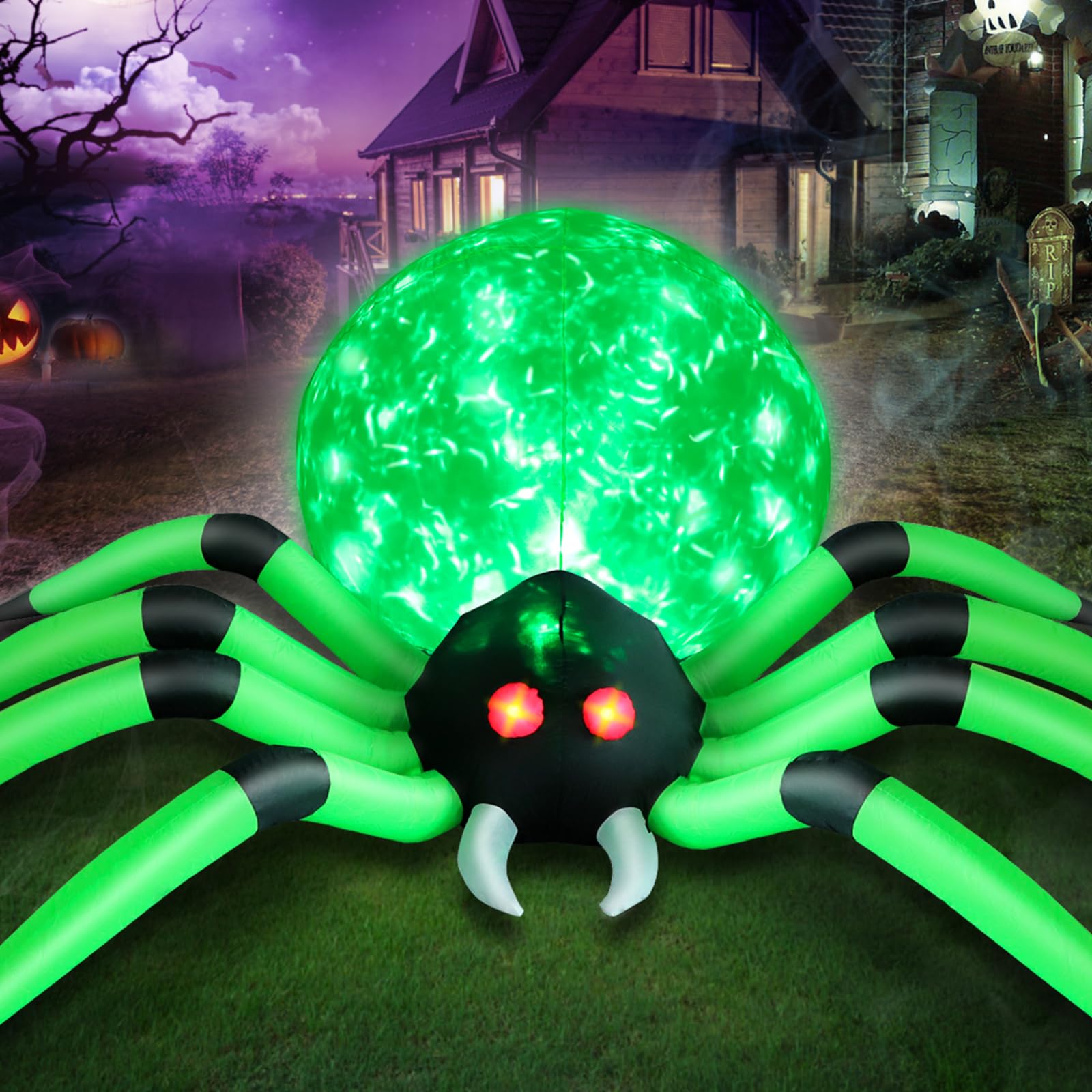 10 FT Halloween Inflatable Spider Outdoor Decorations - Giant Scary Green Spider with Built-in LED Flame Lights for Yard, Garden, Lawn, Porch | Spooky Party Decor, Haunted House Prop, Trick or Treat Display