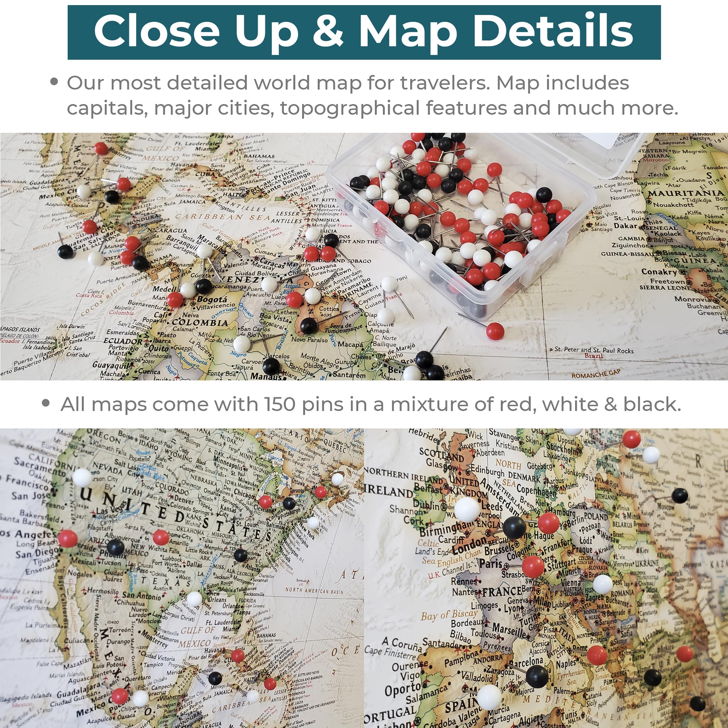 Custom Push Pin Travel Map - Personalized Framed World Map Wall Art with 150 Pins - Textured White Executive Style - Handmade in USA - 27.5