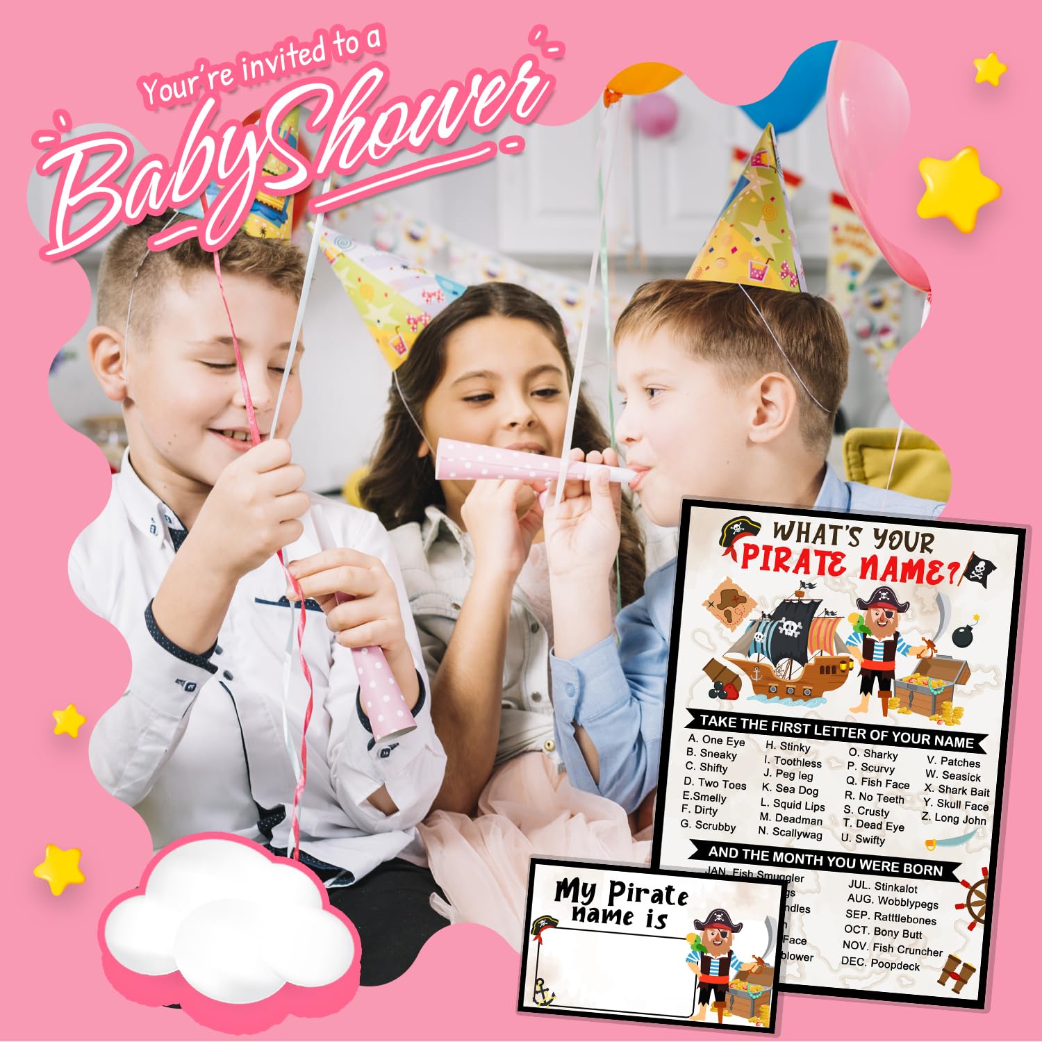 Pirate Name Game Set with Sign & 30 Cards - Fun Pirate Birthday Party Decorations for Boys - Perfect for Pirate Themed Parties, Treasure Hunts & Holiday Activities