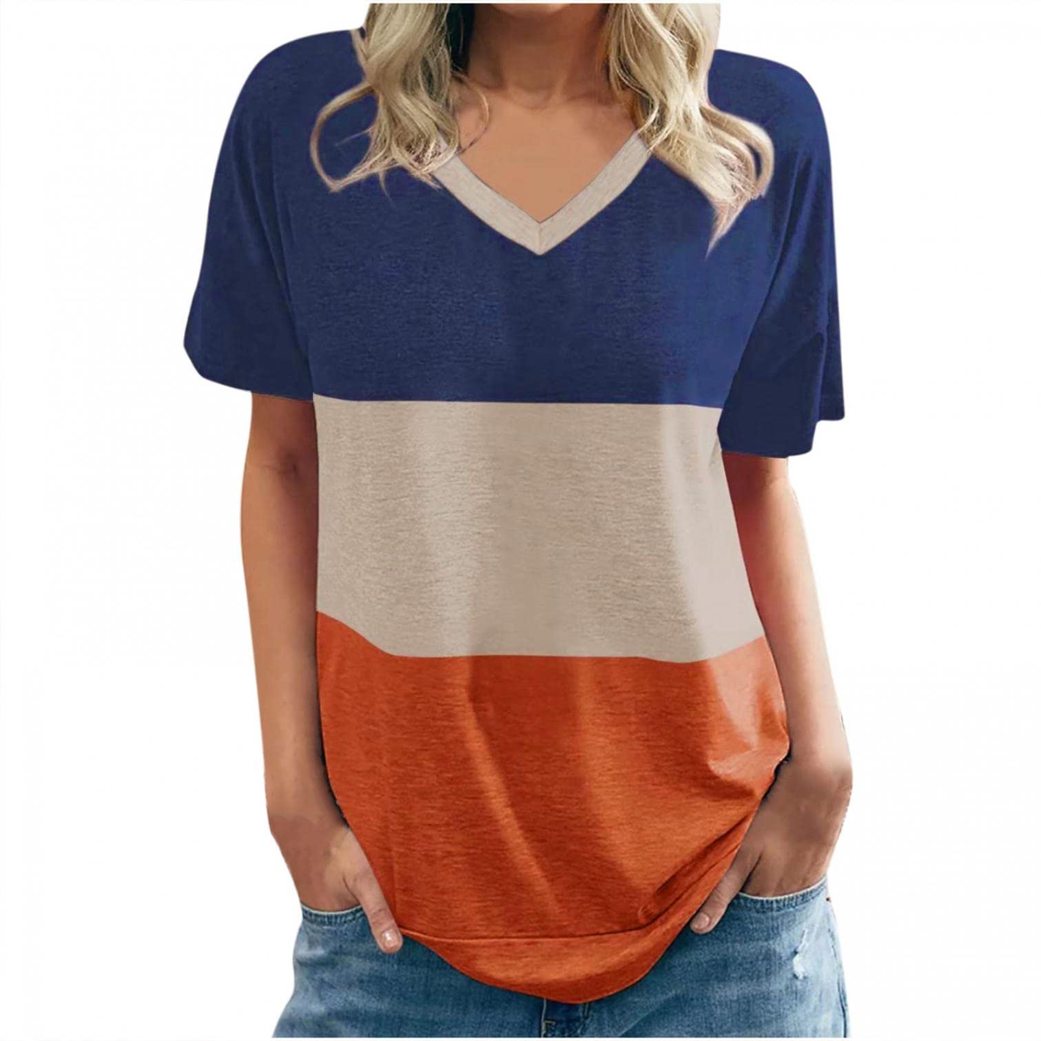 Women's Fashion Summer Tops - Striped Colorblock Casual Loose Fit V-Neck T-Shirts & Tunics | Perfect for Beach Outings, Weekend Wear & Summer Vacations