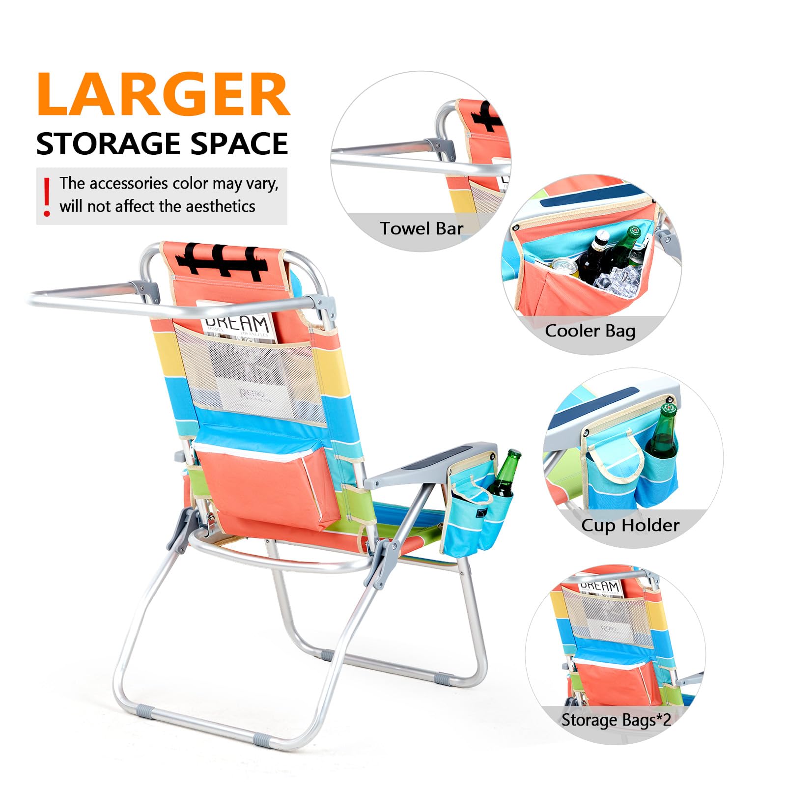 VINGLI 2 Pack Tall Beach Chairs with 5-Position Recline, Built-in Cooler Bag, Cup Holders & Towel Bar - Lightweight Folding Camping Chairs for Adults (Rainbow-16) - Perfect for Beach, Poolside, Backyard & Outdoor Relaxation