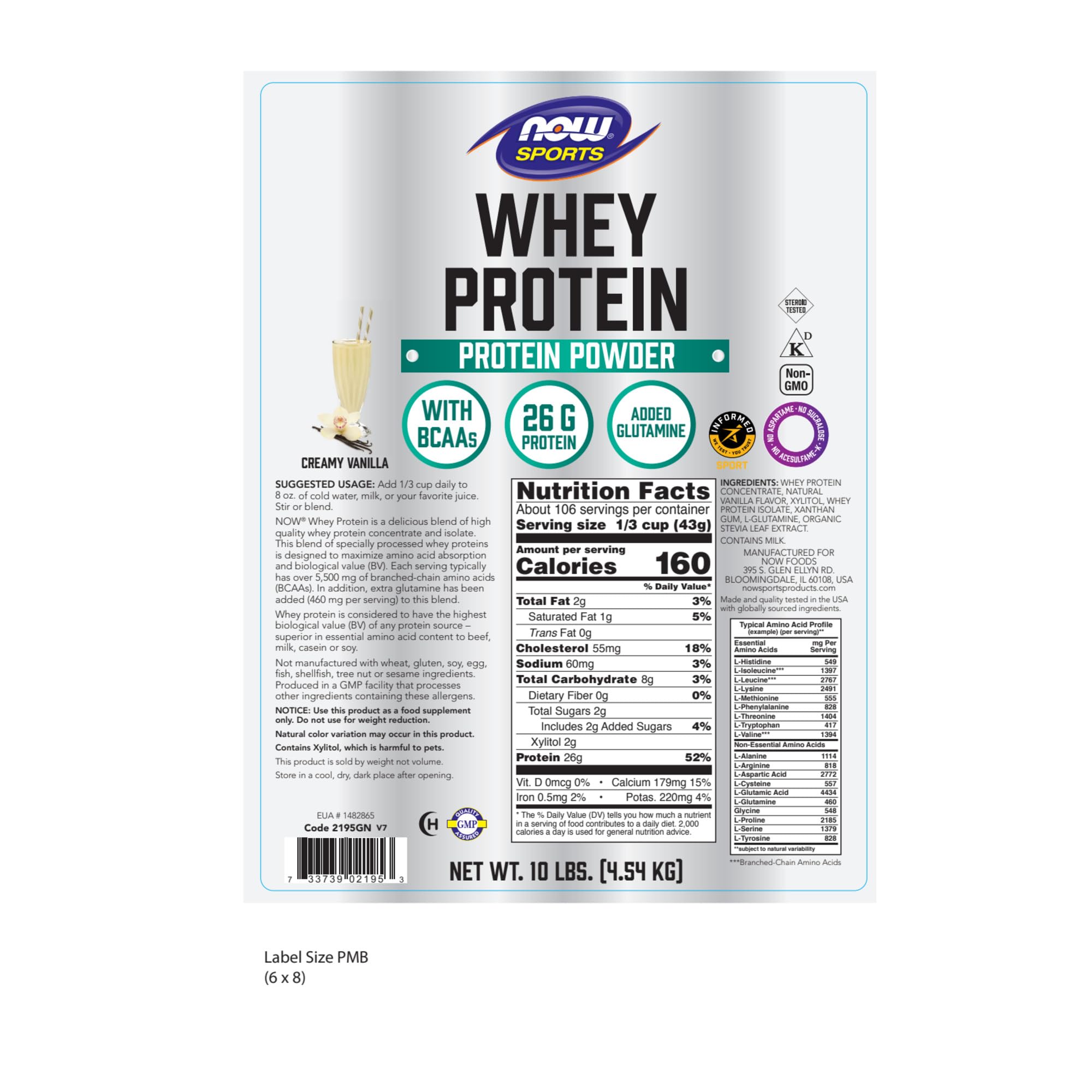 NOW Sports Nutrition Whey Protein Powder with BCAAs - 26g Protein, Creamy Vanilla Flavor, 10 lb Bulk Size - Perfect for Post-Workout Recovery & Muscle Building