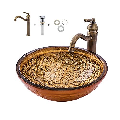 LEFEDA Artistic Tempered Glass Vessel Bathroom Sink - Round Above Counter Wash Basin with Faucet & Pop-Up Drain Combo, Golden - Modern Vanity Sink for Bathroom & Powder Room Decor