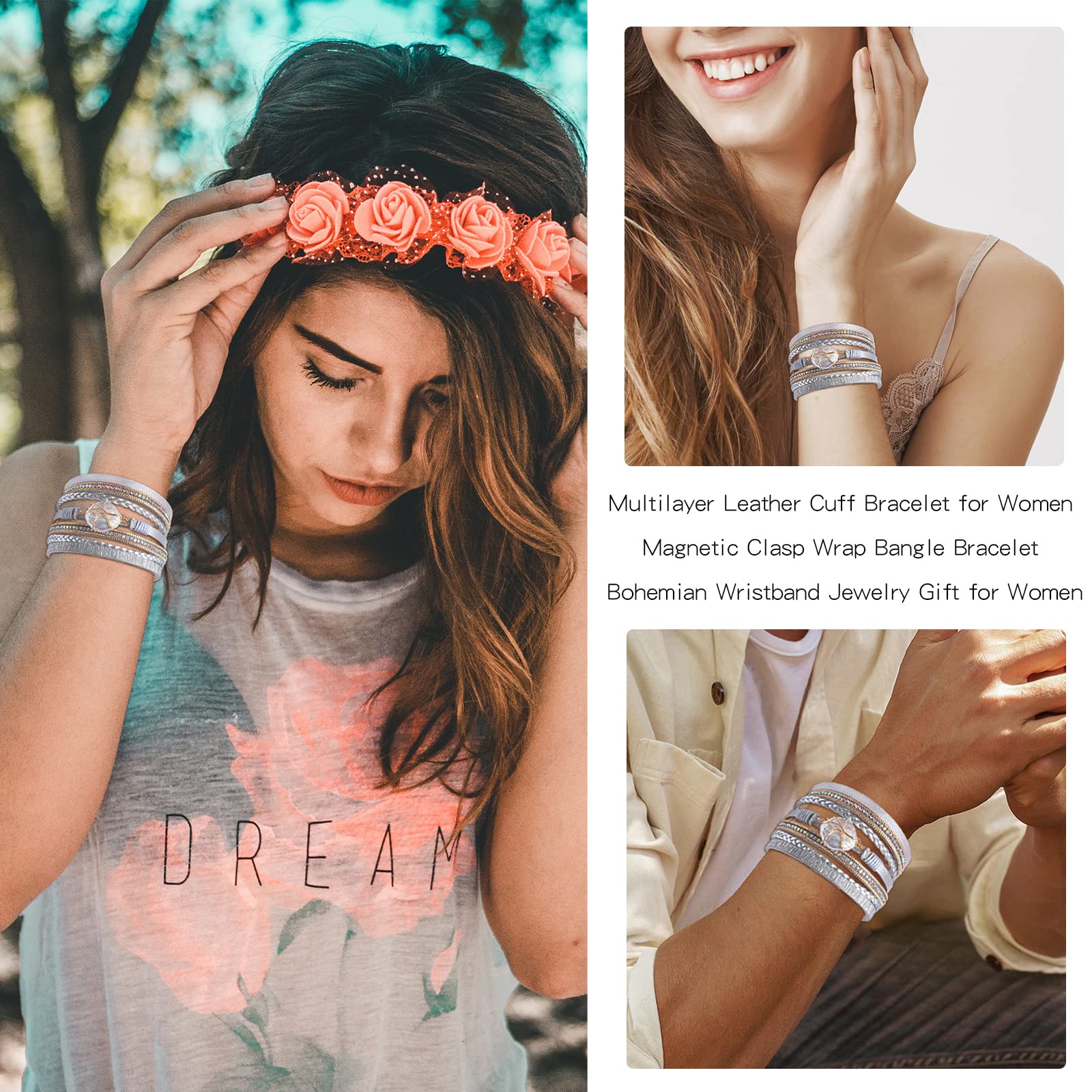 Trendy Blue Leather Wrap Bracelet for Women - Stackable Multi-Layer Cuff Bracelet, Western Style Jewelry | Perfect for Boho Fashion, Layered Arm Candy & Everyday Accessories