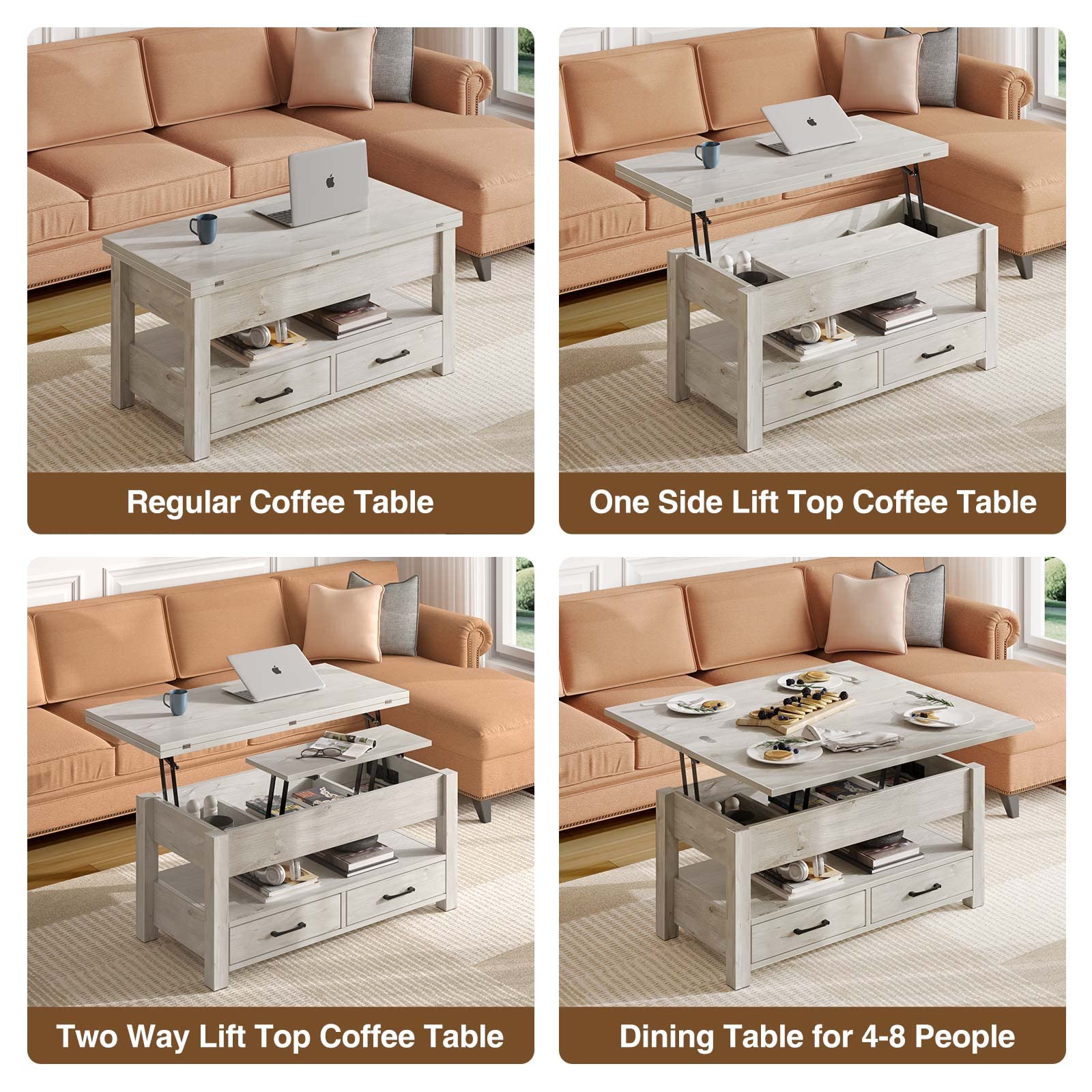Rolanstar Lift Top Coffee Table - Convertible to Dining Table with Drawers & Hidden Storage | Multi-Functional Living Room & Home Office Furniture in Grey | Perfect for Small Spaces, Entertaining & Remote Work