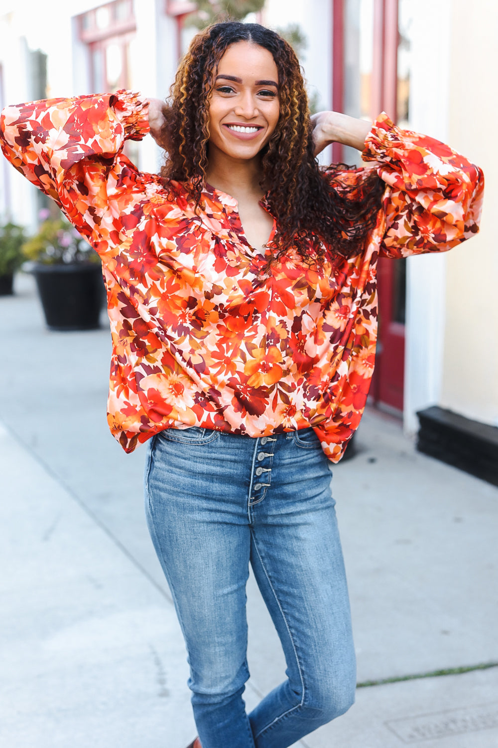 Fall Vibes Rust Floral Print Notched Neck Smocked Satin Blouse - Elegant Women's Tops for Autumn Outfits, Date Nights & Office Wear
