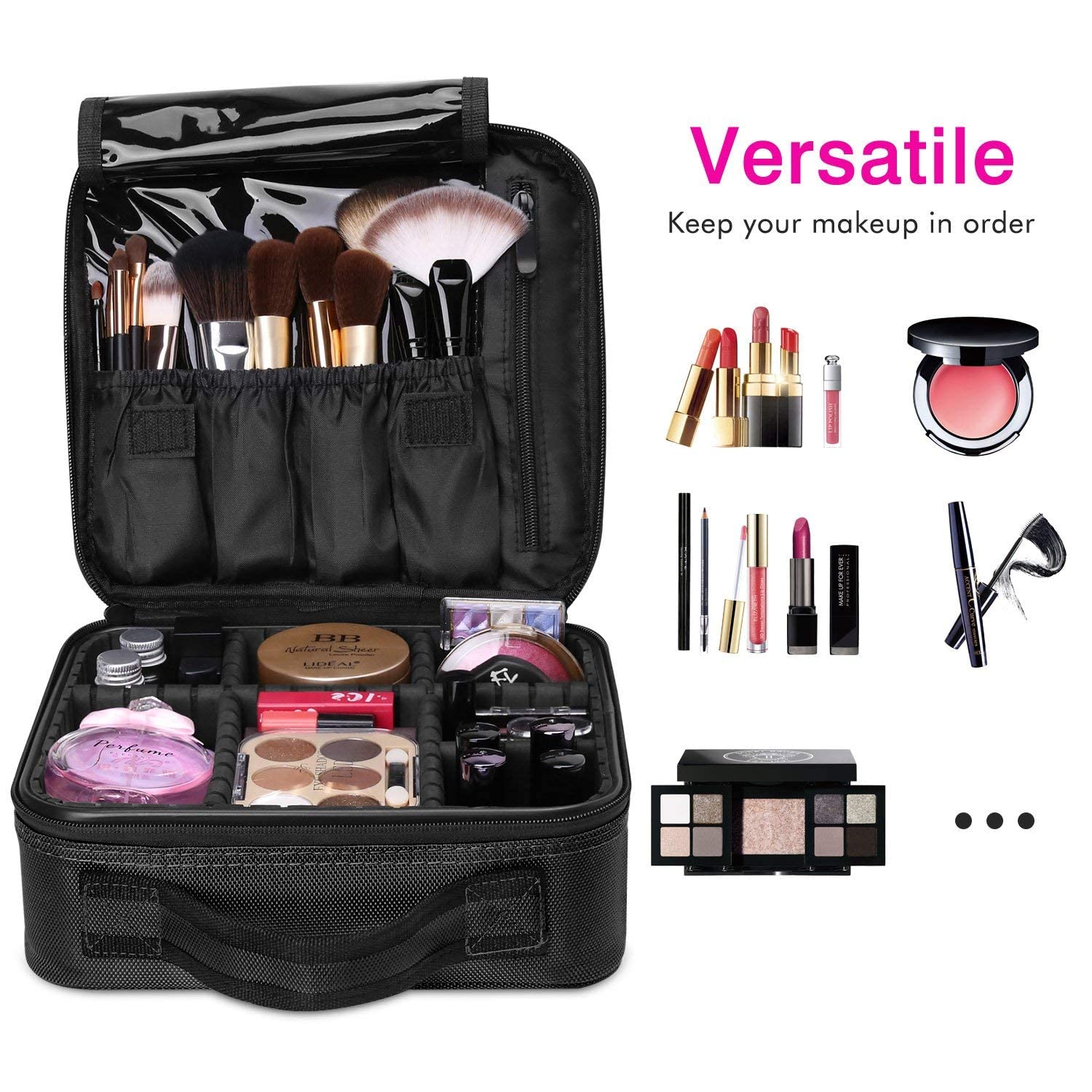 Virza Travel Makeup Case - Portable Cosmetic Train Case Organizer with Adjustable Dividers, Black | Perfect for Professional Makeup Artists & Travel Cosmetics Storage