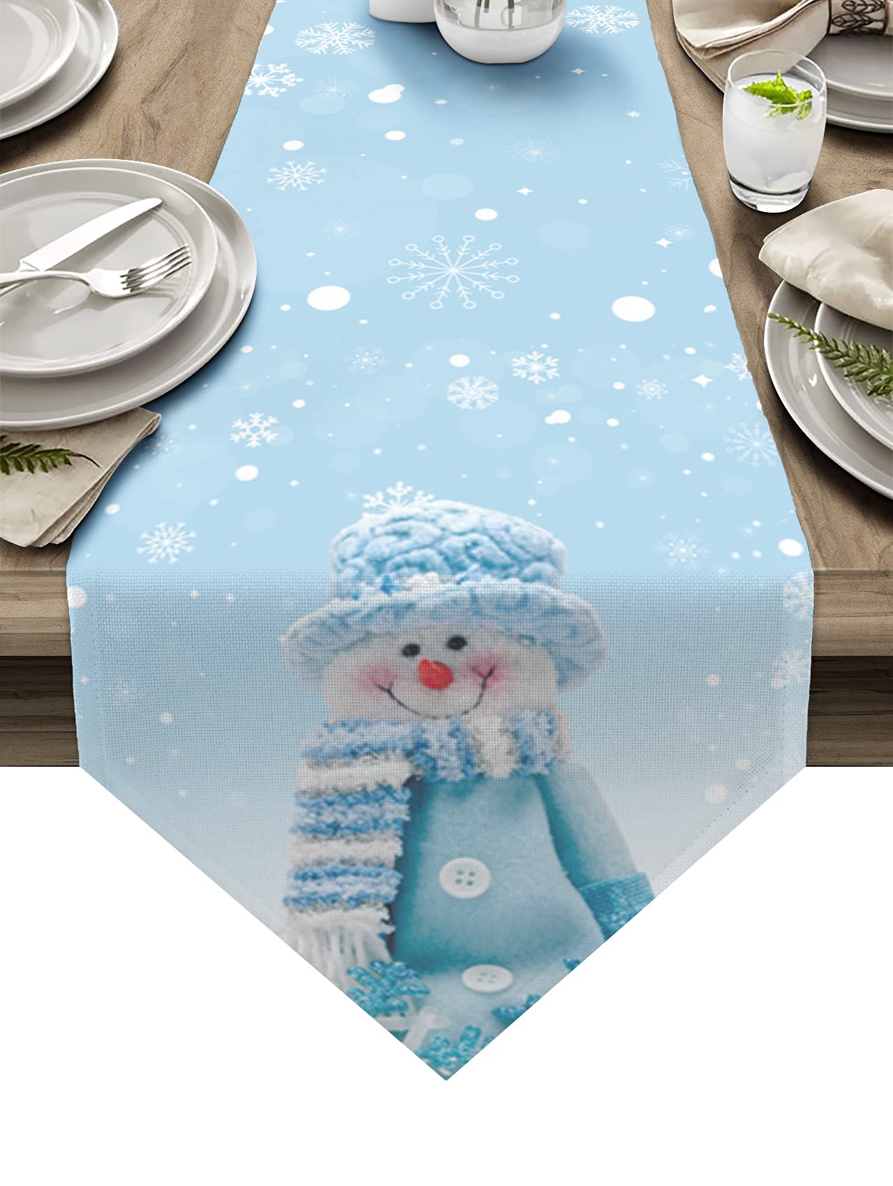 70 Inch Christmas Snowman Table Runner - Winter Snowflakes Blue Non-Slip Washable Dining Decor for Farmhouse Kitchen, Coffee Table & Holiday Party | Perfect for Christmas Dinner, Winter Gatherings & Festive Home Decoration