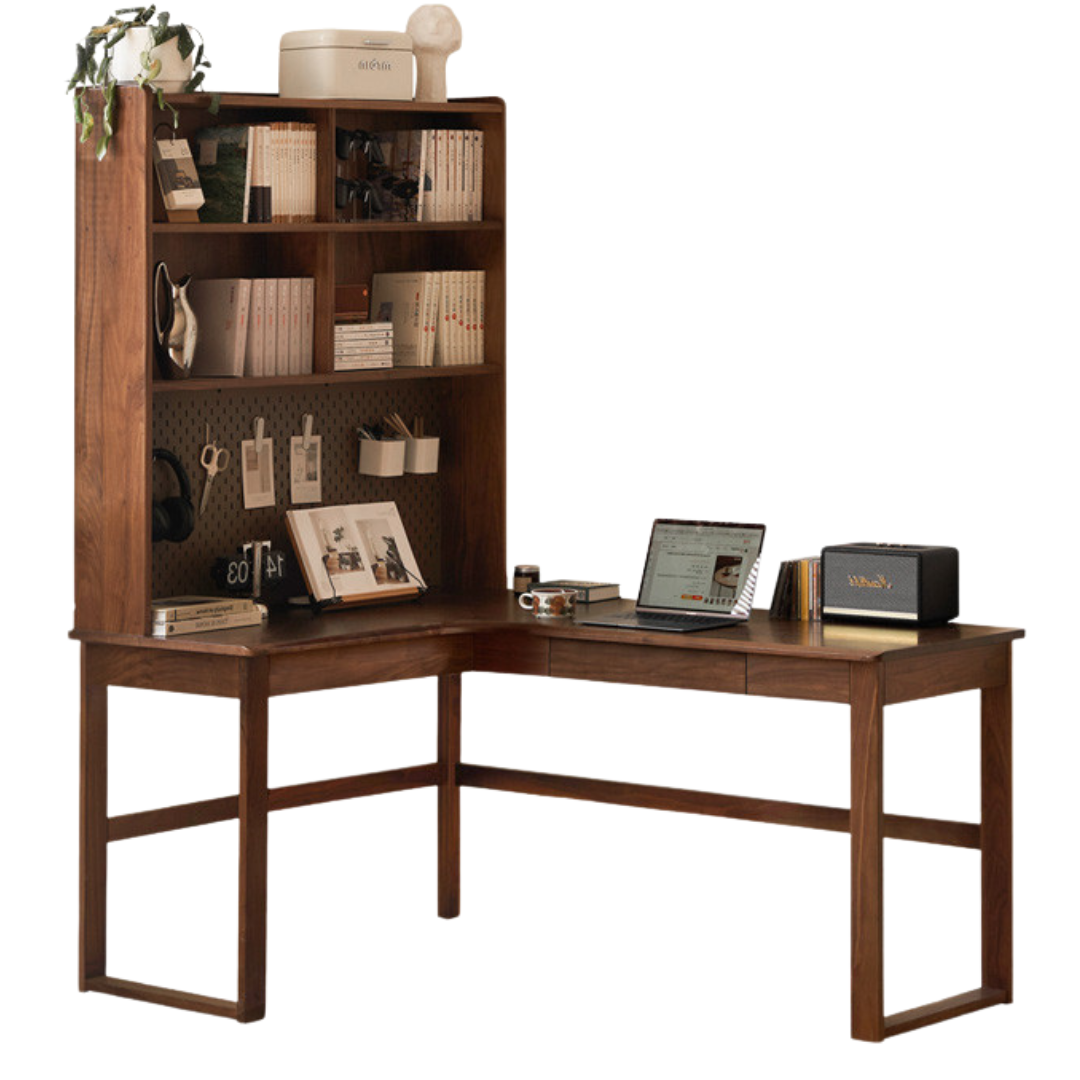 Solid Black Walnut & Oak Wood Corner Desk Bookshelf - Stylish Home Office Storage for Books, Decor & Essentials