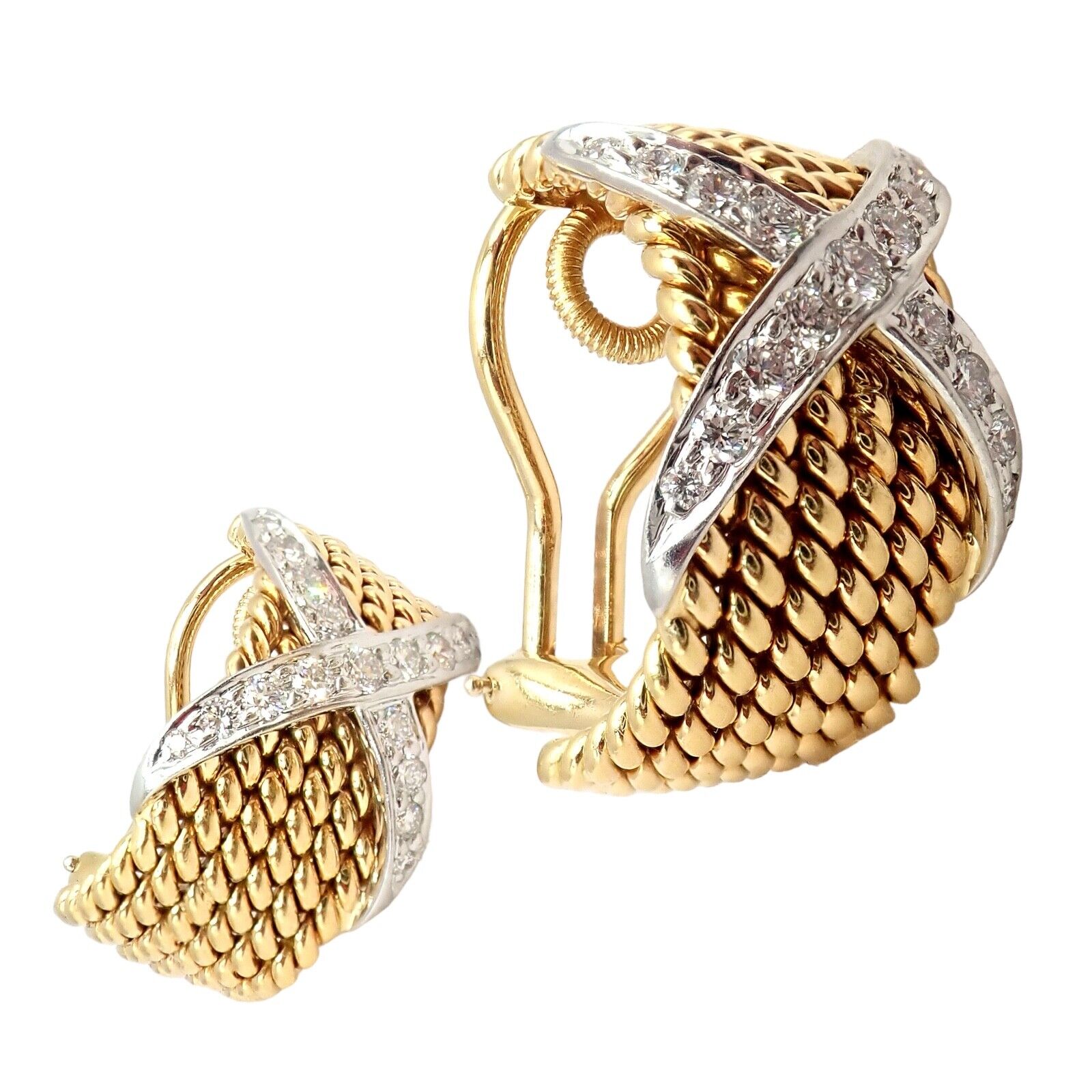 Tiffany & Co Schlumberger 18k Yellow Gold Platinum Diamond 6 Row Rope X Earrings - Luxury Diamond Hoop Earrings for Women, Perfect for Weddings, Parties & Special Occasions
