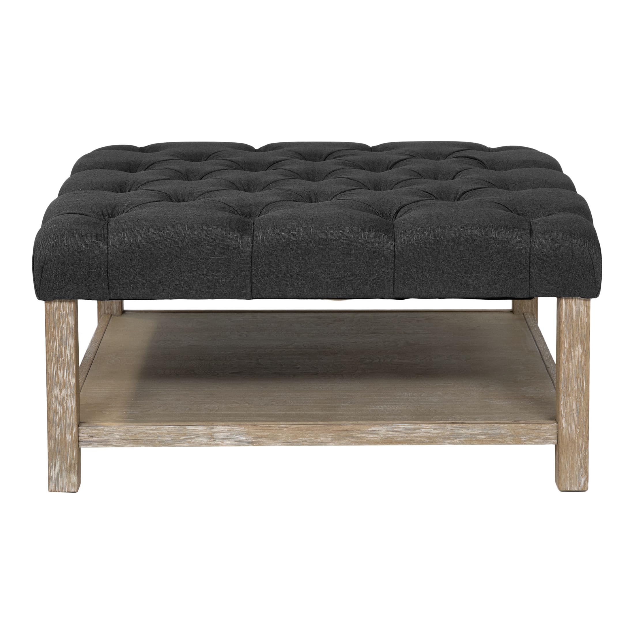 Furniture of America Hoylton Wood Tufted Ottoman - Natural & Dark Gray Storage Bench for Living Room, Bedroom, or Entryway