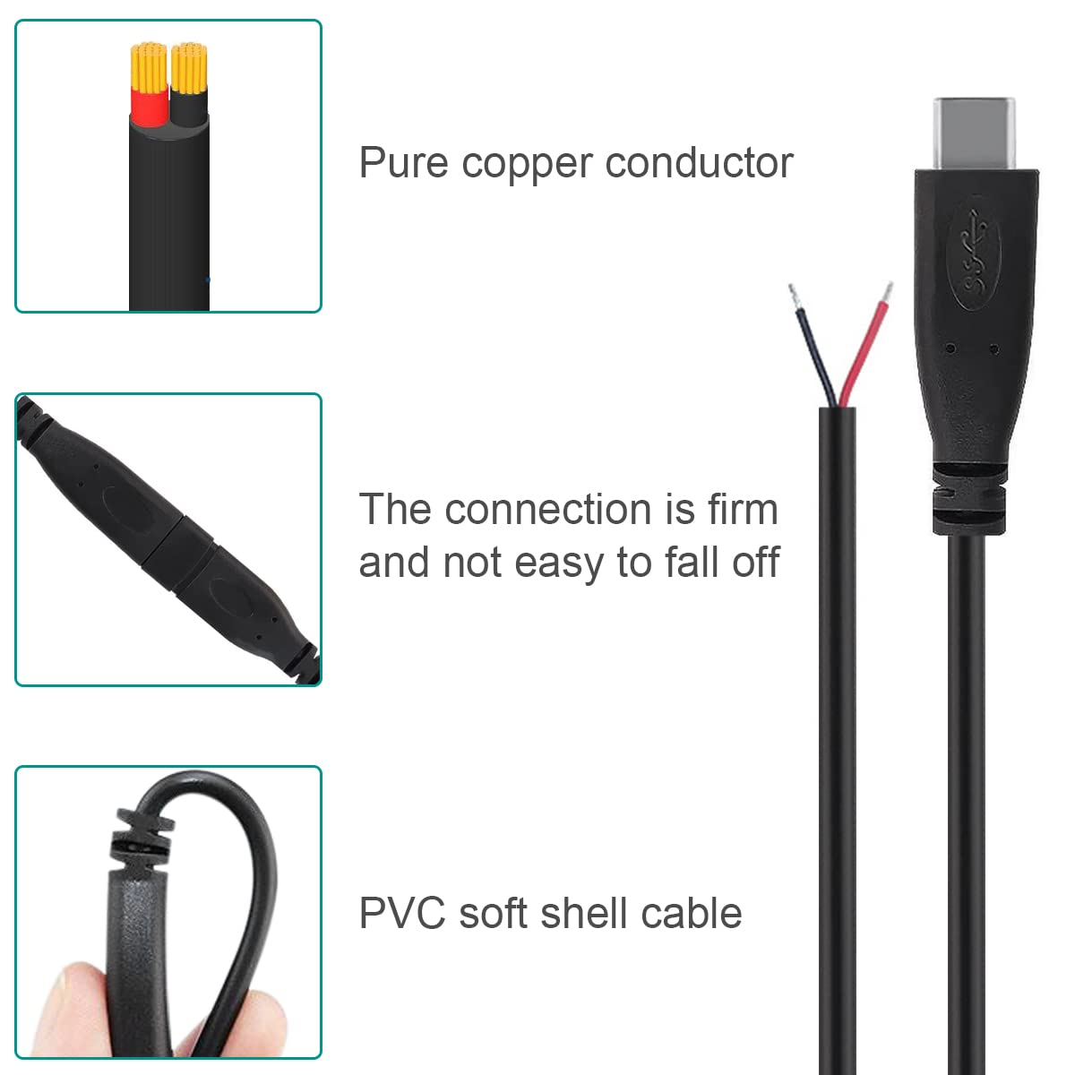 DIY Solderable USB C Connector 2 Wire Power Supply Extension Cable - 2 Pin USB to DIP Adapter Plug for PCB, Arduino, LED Strips (4PCS Male + 4PCS Female) - Perfect for Electronics Projects & DIY Repairs