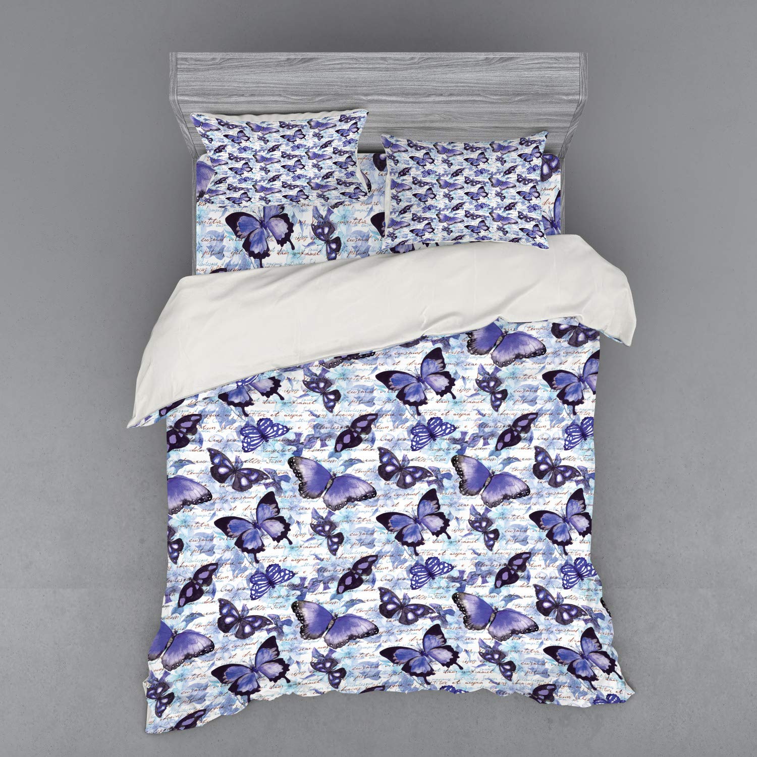 Ambesonne Retro 3-Piece Queen Bedding Set - Vintage Butterfly & Moth Floral Duvet Cover with Sham & Fitted Sheet in Pale Blue Violet Black | Boho Chic Bedroom Decor for Master & Guest Rooms