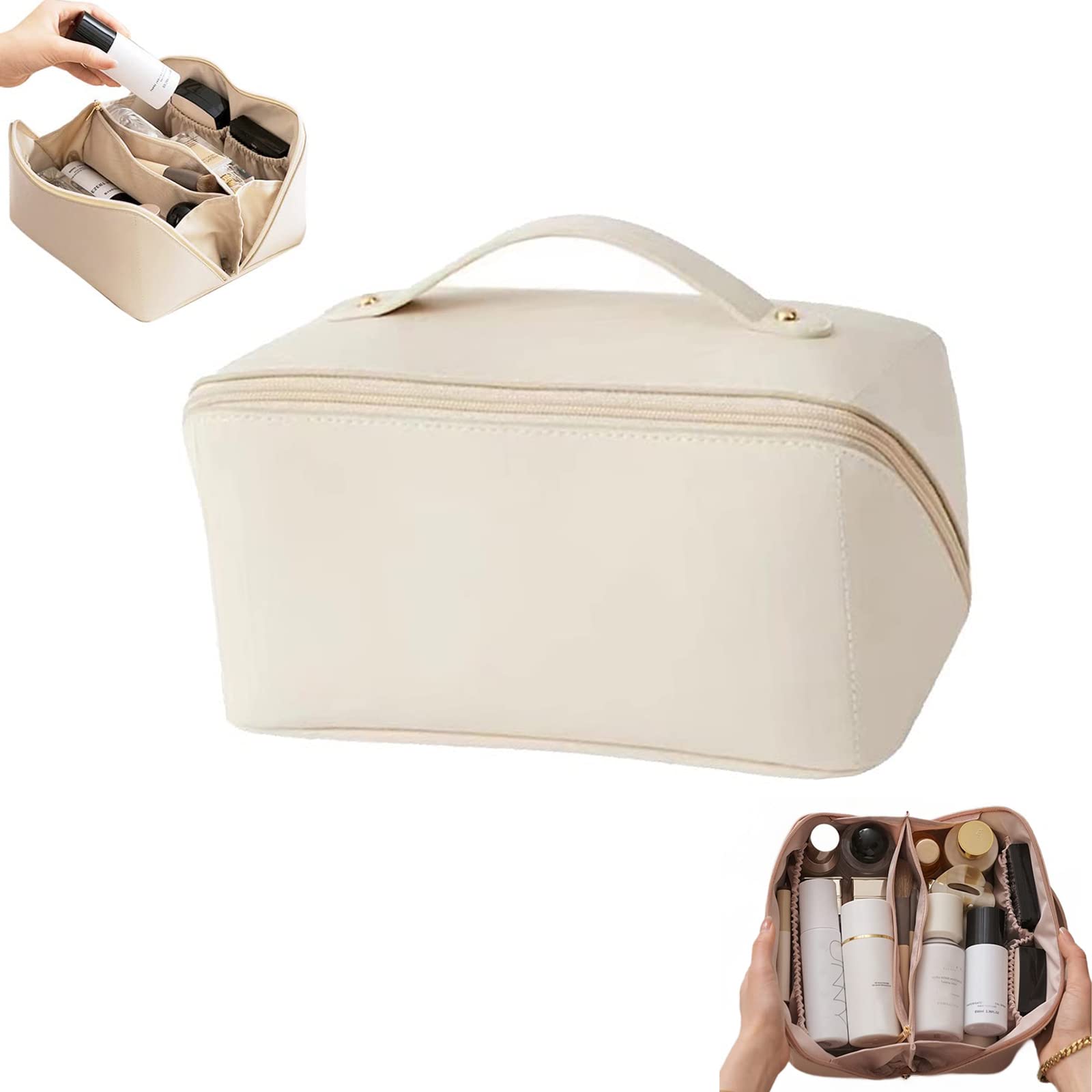 Large-Capacity Waterproof Travel Cosmetic Bag - Double-Layered Leather Makeup Organizer with Brush Slots & Dividers for Toiletries & Cosmetics Storage | Perfect for Vacation, Business Trips & Daily Use (Beige)