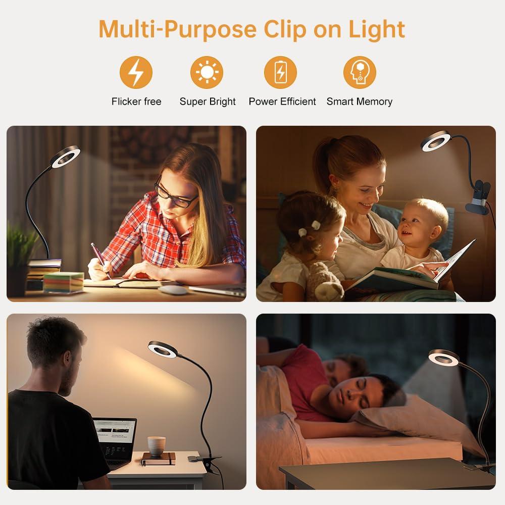 KEXIN Clip on Table Lamp - 3 Color Modes, 10 Brightness Levels, Dimmable Eye-Caring Reading Light with 360° Rotatable Metal Gooseneck - Portable Small Desk Lamp for Home, Office, Study, and Nightstand Use