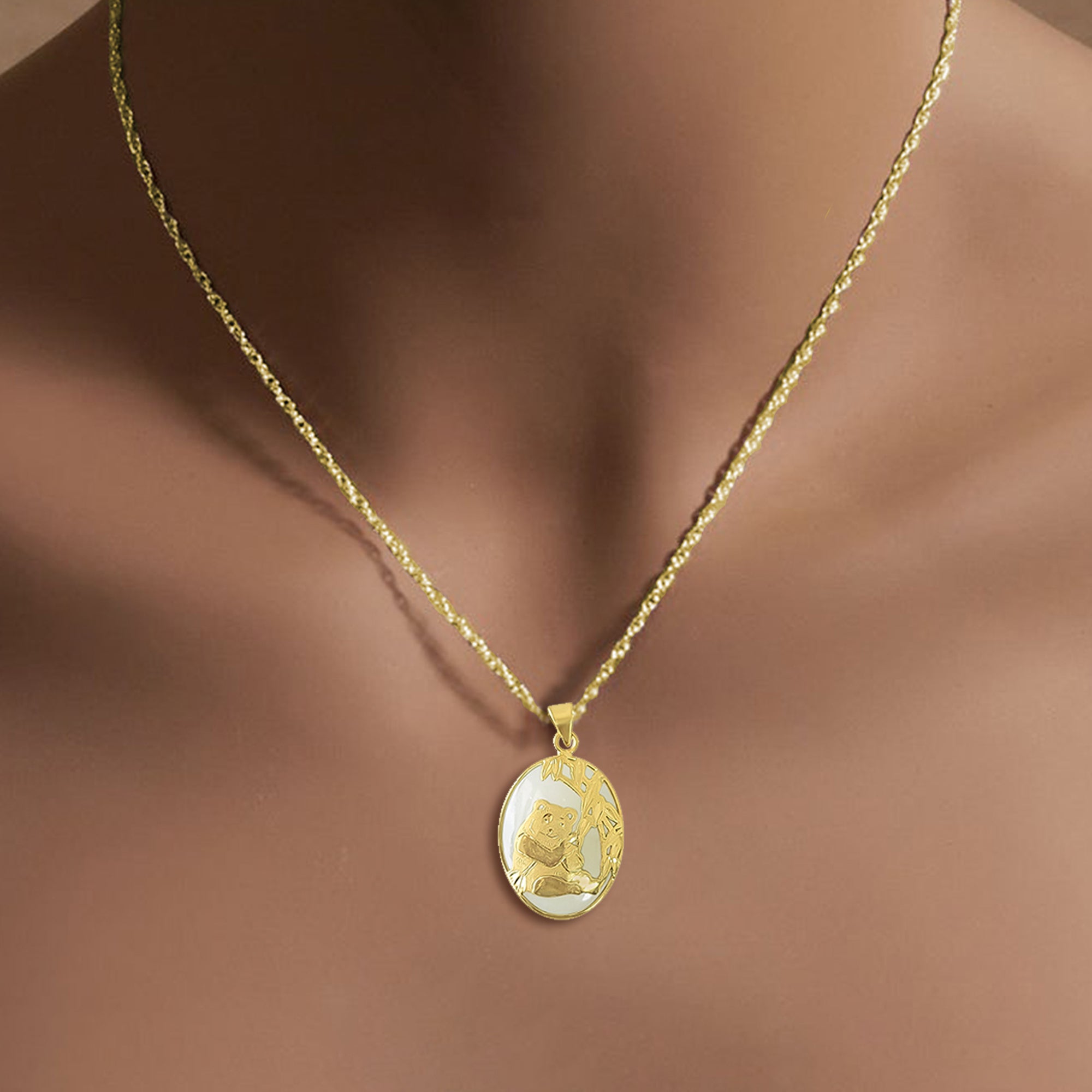 14K Yellow Gold Panda Design Oval Natural Green Jadeite Necklace - Elegant Jewelry Gift for Women, Perfect for Weddings, Parties & Special Occasions