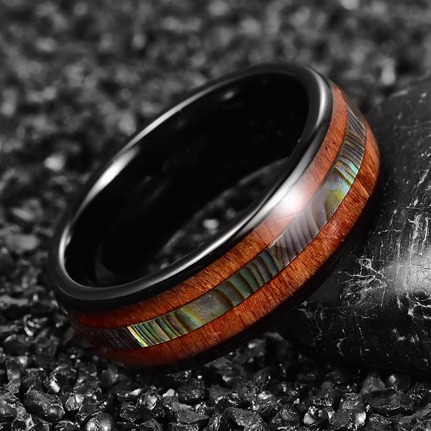 Tungsten Wedding Rings for Men - Wood & Abalone Shell Inlay Koa Band, Dome Style Promise & Engagement Ring, Size 6-14 - Perfect for Anniversary Gifts & Outdoor Weddings