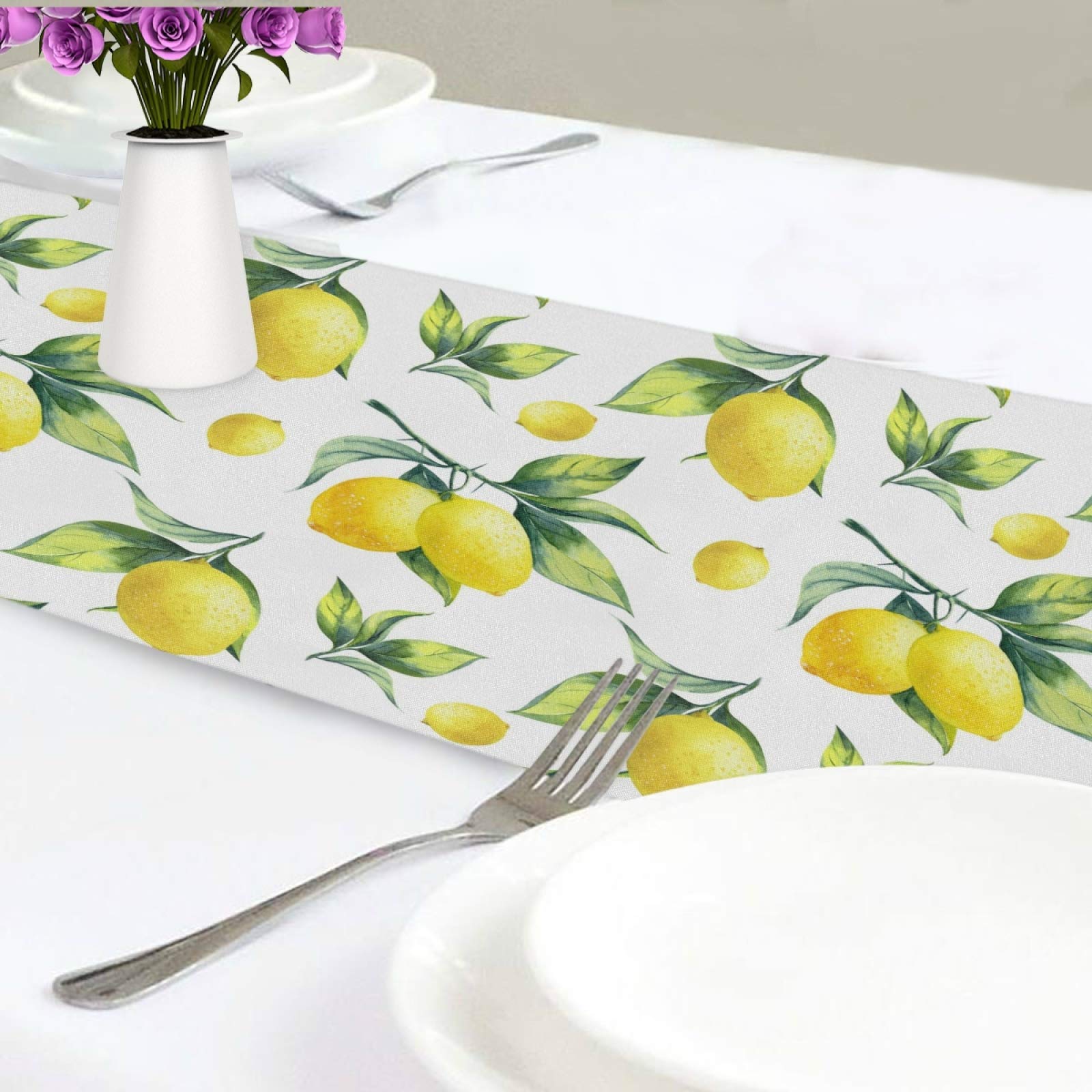 Exnundod 70 Inch Spring Lemons Leaves Table Runner - White & Yellow Rustic Dining Table Decor for Summer, Holiday, Kitchen, Home Party - Washable & Durable (Perfect for Farmhouse, Wedding, Easter, and Seasonal Celebrations)