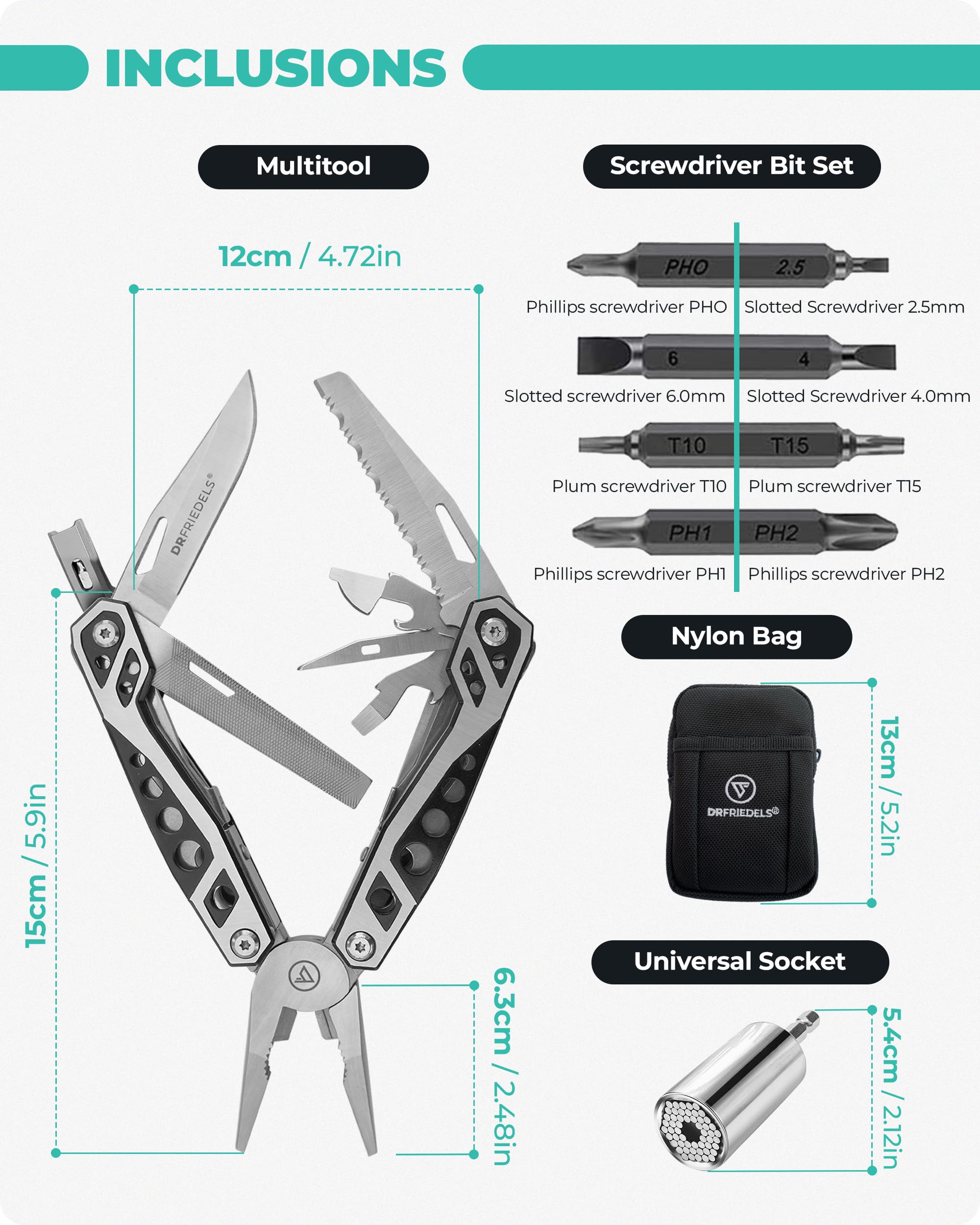 22-in-1 Multi-Tool with Universal Socket | Stainless Steel Pocket Knife with Saw, Wire Stripper & More | Compact DIY Tools for Camping, Hiking, Home Repair & Emergency Kits by DrFriedels