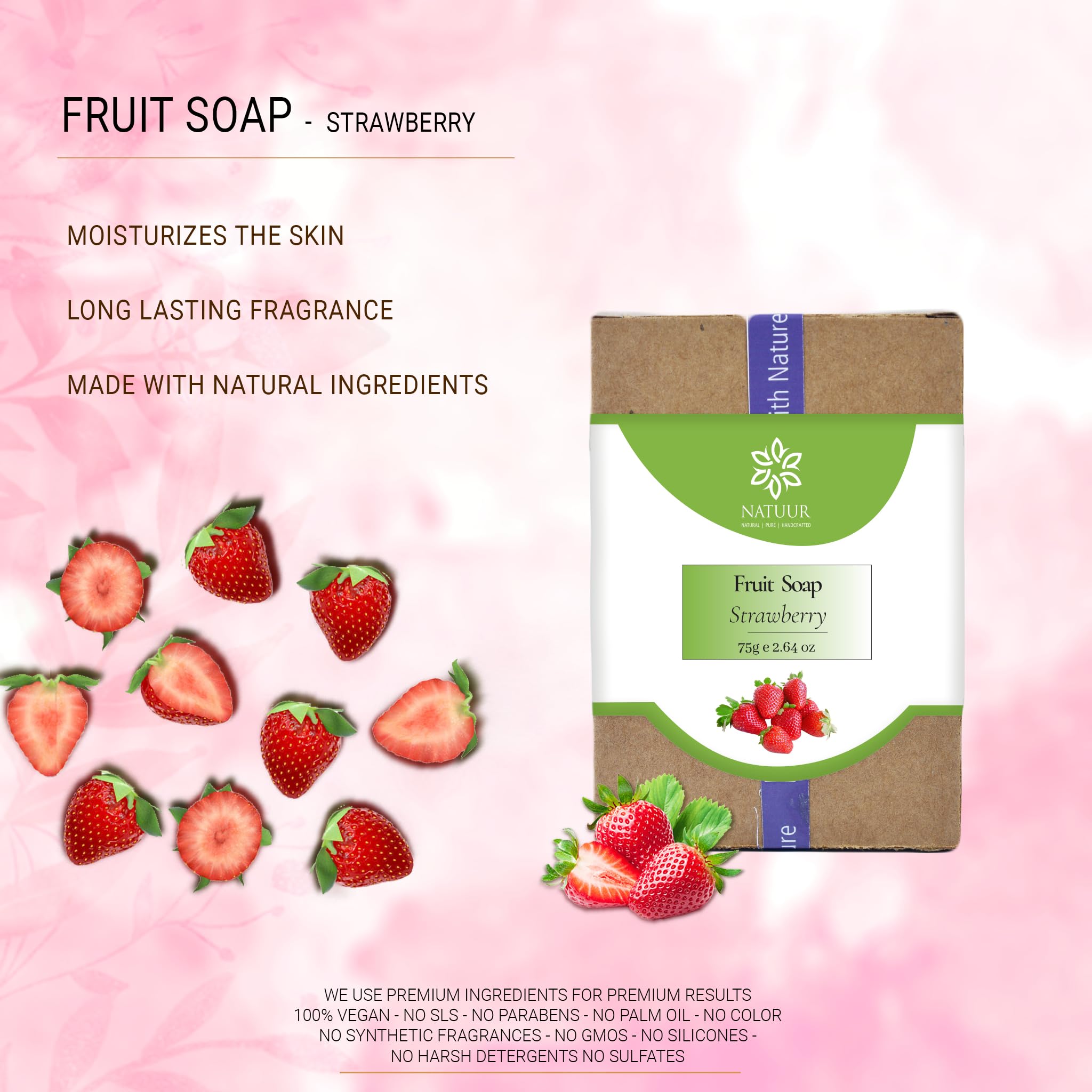 NATUUR Strawberry Fruit Soap 75g - Handmade Natural Soap with Fresh Strawberry Extract | Gentle, Refreshing & Moisturizing Body Soap | Perfect for Dry Skin Care, Gift Sets & Spa Relaxation