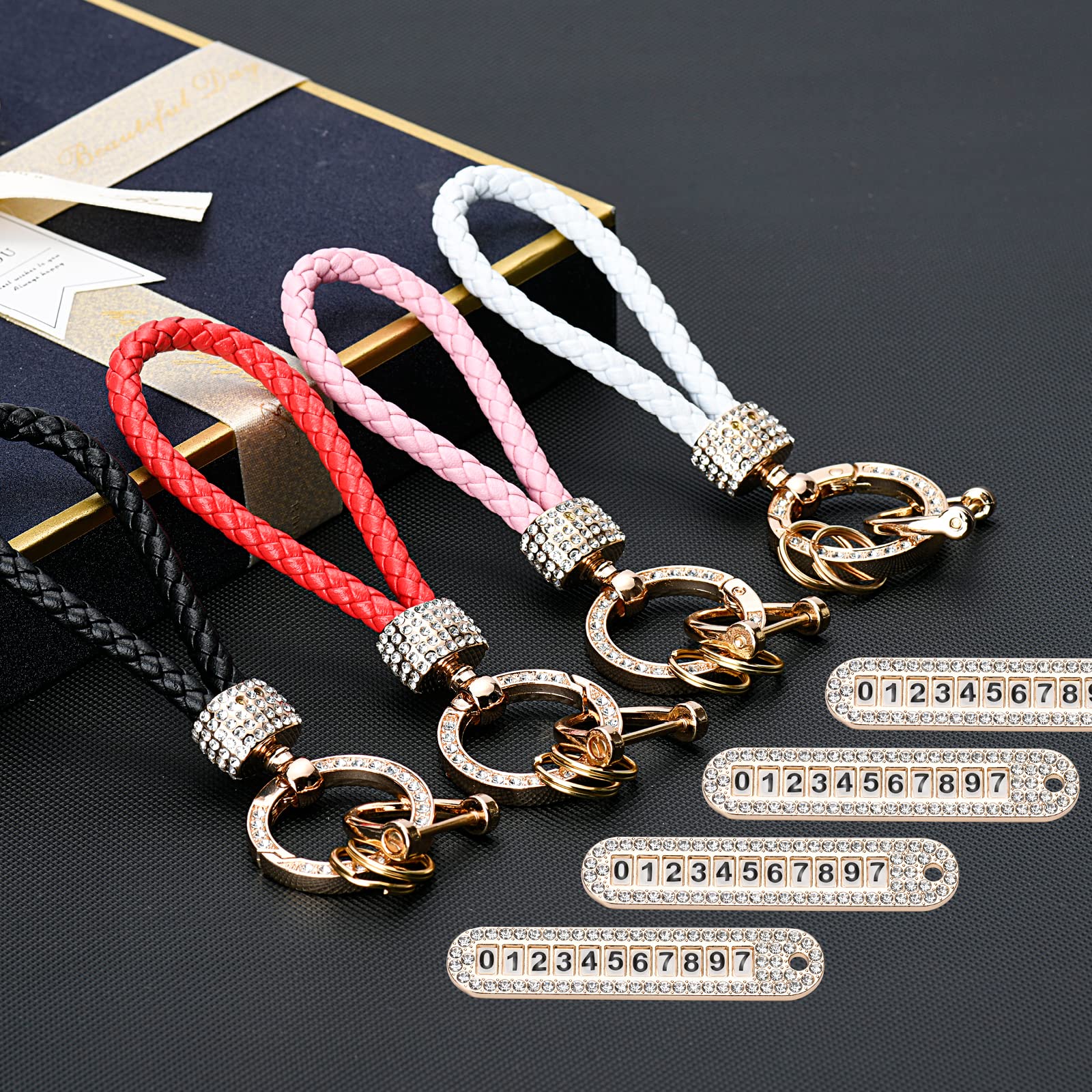 Anti-Lost Car Keychains with Phone Number - Leather Woven Keychain Accessories with Bling Rhinestones - Perfect for Car Keys, House Keys & Gift Giving