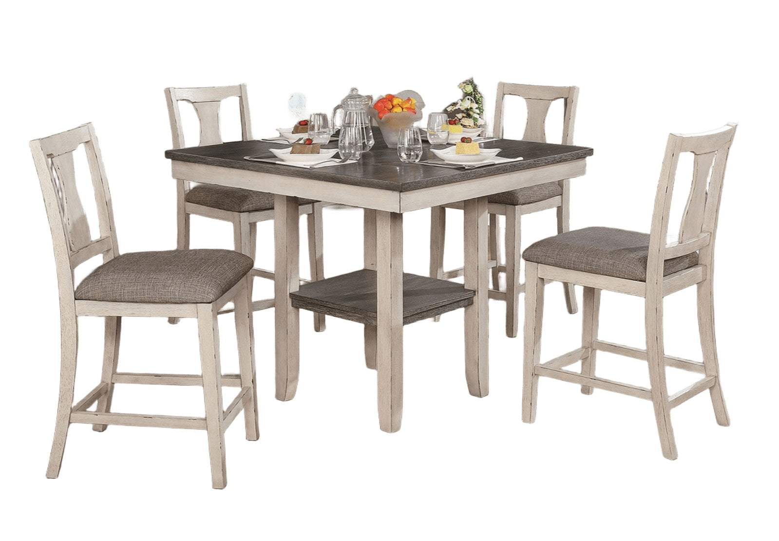 Rustic Style Antique White 5-Piece Counter Height Dining Set with Shelf - Farmhouse Kitchen Table & High Chairs for Small Space Dining Rooms, Breakfast Nooks & Cozy Home Decor