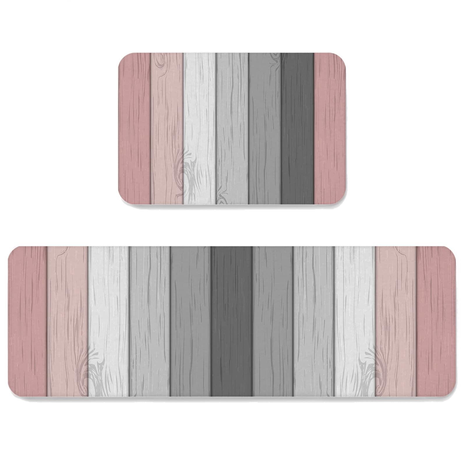 Rustic Farm Wood Grain Non-Slip Kitchen Mat Set of 2 - Pink Grey White Ombre Absorbent Washable Floor Rugs for Kitchen, Bathroom & Entryway | Perfect for Farmhouse Decor, Spill Protection & High-Traffic Areas
