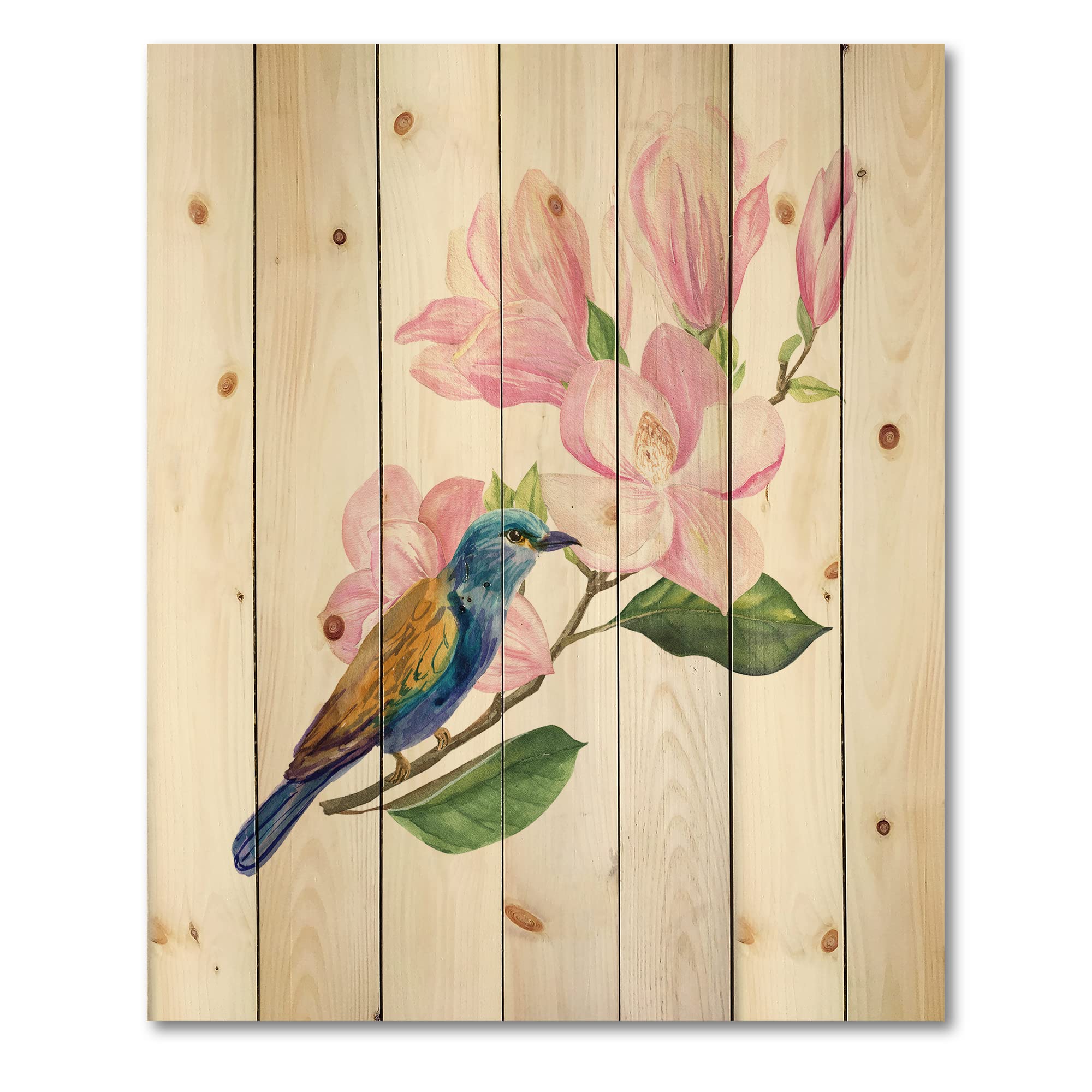 Blue Bird on Pink Magnolia Branch Wood Wall Decor - Traditional Pine Wood Art Panel, Large Animal Print for Home & Office Decoration | Perfect for Living Room, Bedroom, or Nursery Wall Art