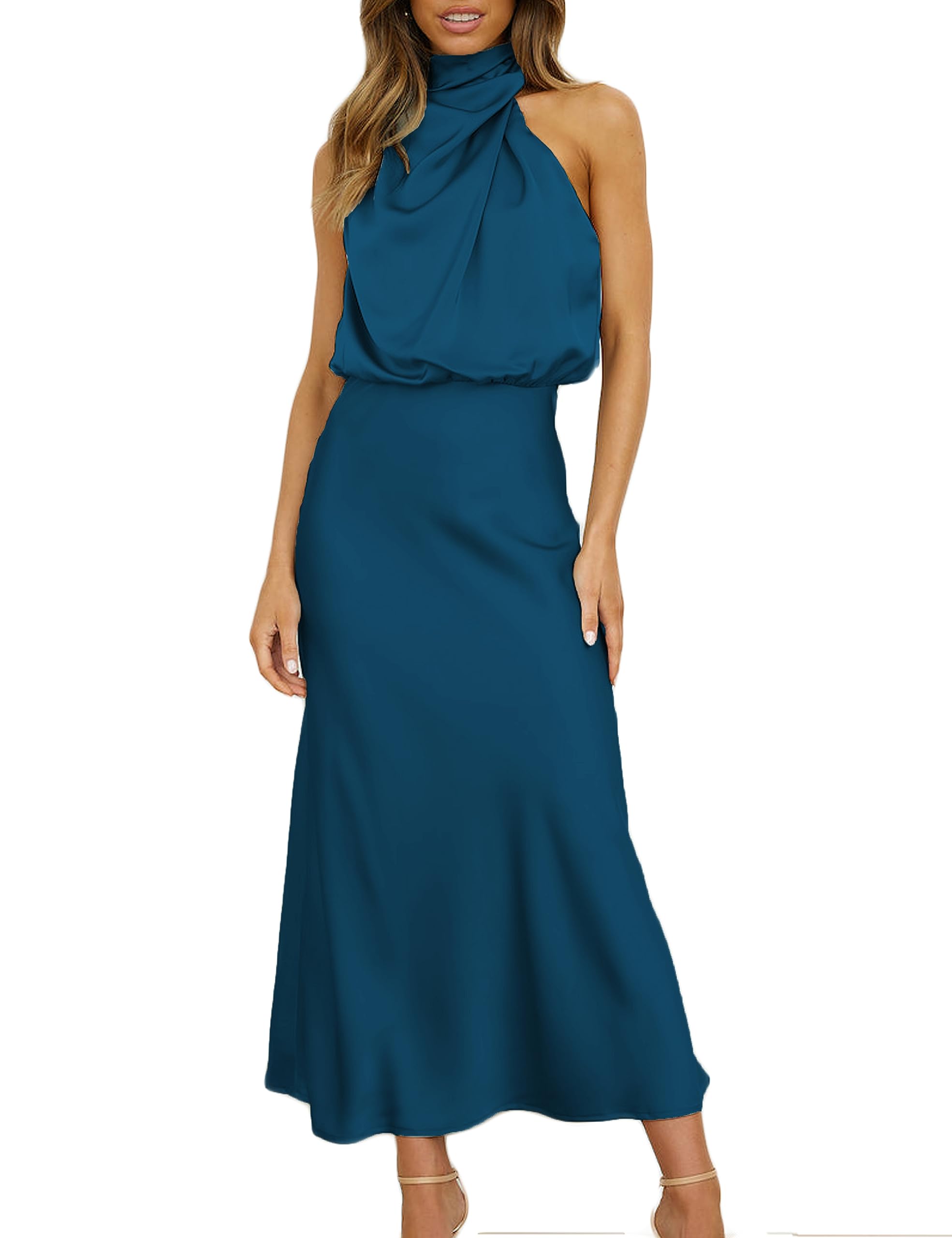 Elegant Women's 2024 Summer Satin High Neck Dress - Silk Sleeveless Mock Neck Cocktail Party Midi Dress for Formal Events, Weddings & Evening Occasions