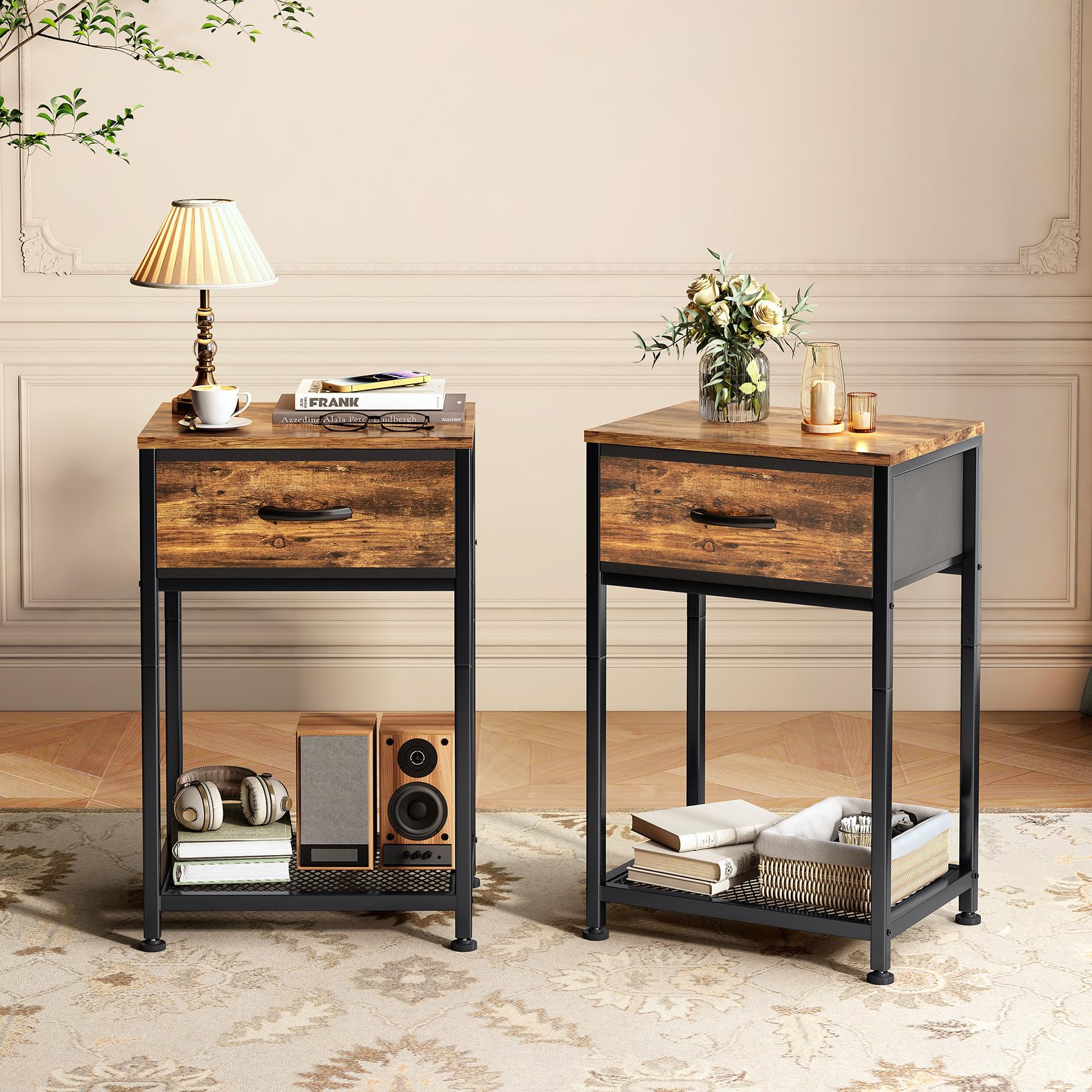 Kitstorack Night Stands Set of 2 - Rustic Brown Wood End Tables with Drawer for Bedroom, Living Room & Office - Modern Bedside Nightstands for Home Decor