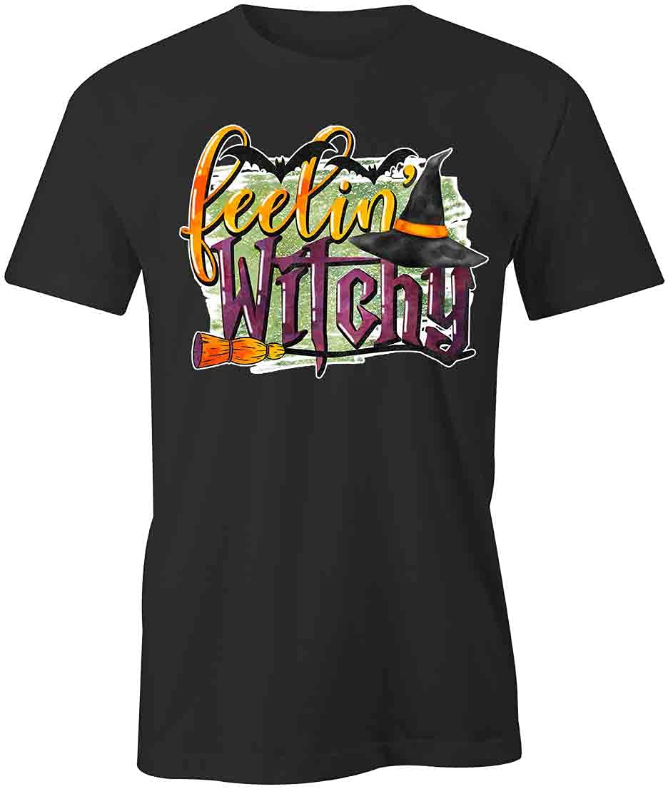 Feelin' Witchy Graphic T-Shirt - Black Halloween Witch Costume Tee for Women | Printed Cotton Shirt for Witch Parties, Halloween Outfits & Witchy Fashion