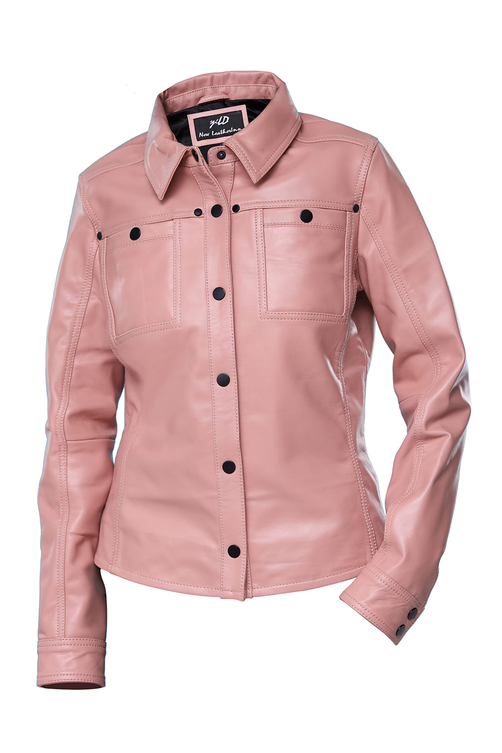 Jild Women's Button Front Lambskin Leather Jacket Shacket - Long Sleeve Casual Shirt Jacket with Bust Pocket | Perfect for Fall Layering, Date Nights & Office Wear