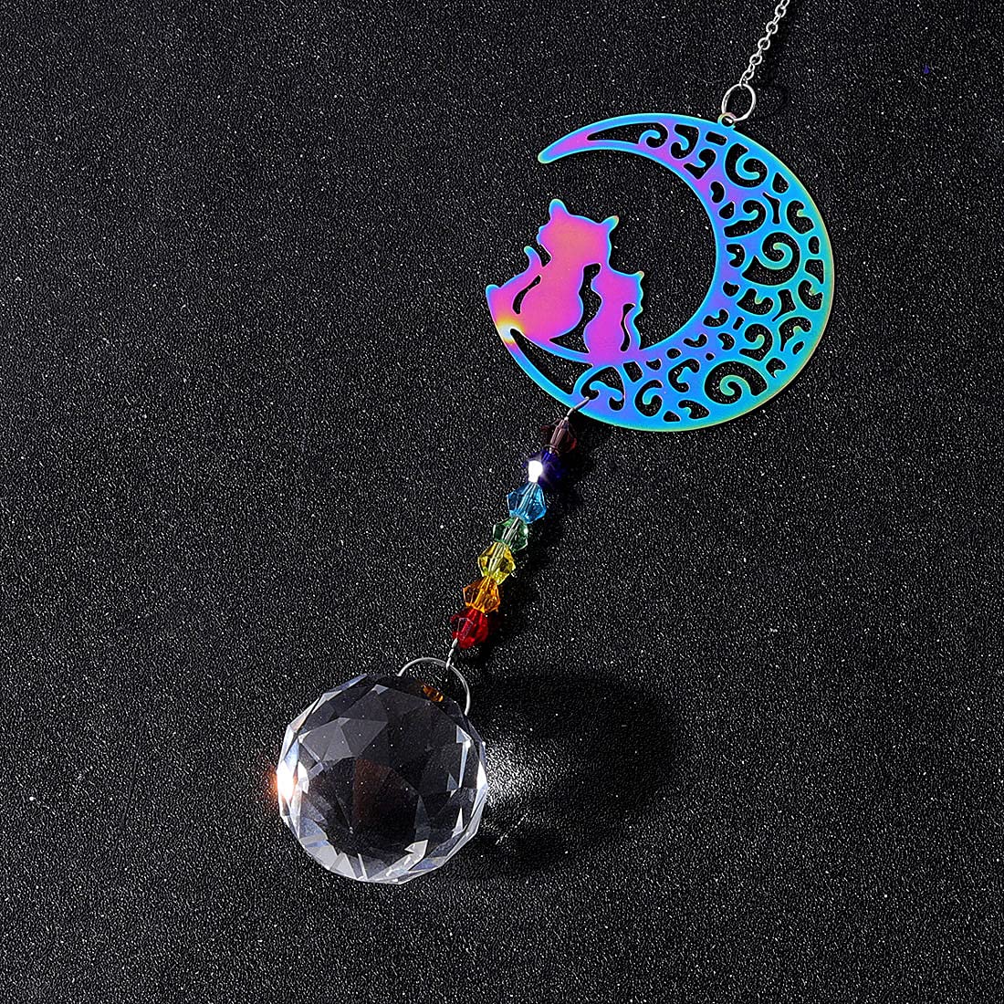 Chakra Beads Moon Cat Crystal Ball Prism Pendant - Rainbow Maker Hanging Suncatcher Ornament for Home Decor & Protection | Perfect for Windows, Meditation Spaces & Spiritual Healing