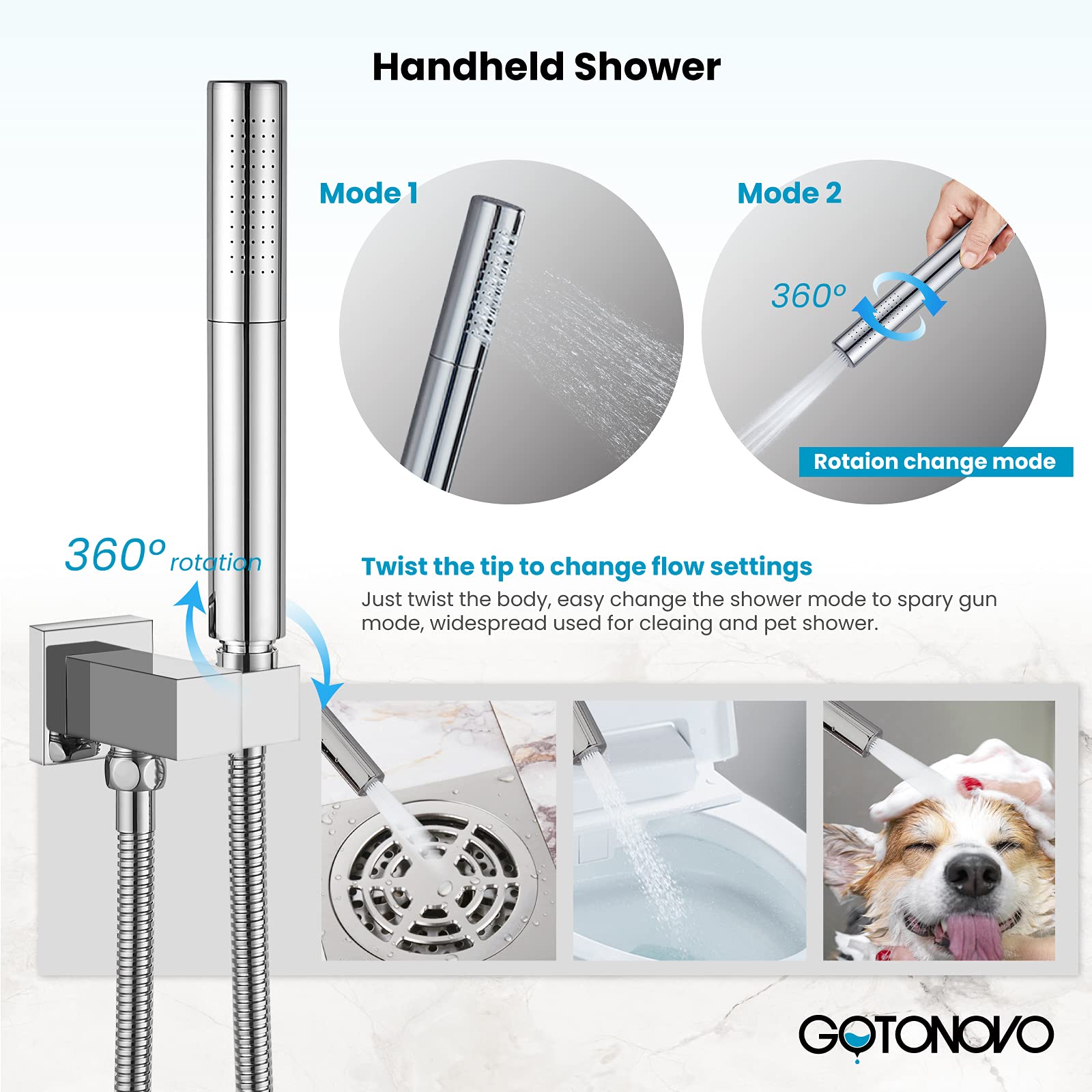 Gotonovo 12 Inch Square Chrome Polished Shower Faucet Set - Wall Mount Rainfall Shower System with 2-in-1 Cylindrical Handheld Shower & Rough-in Valve | Modern Bathroom Upgrade for Spa-Like Experience