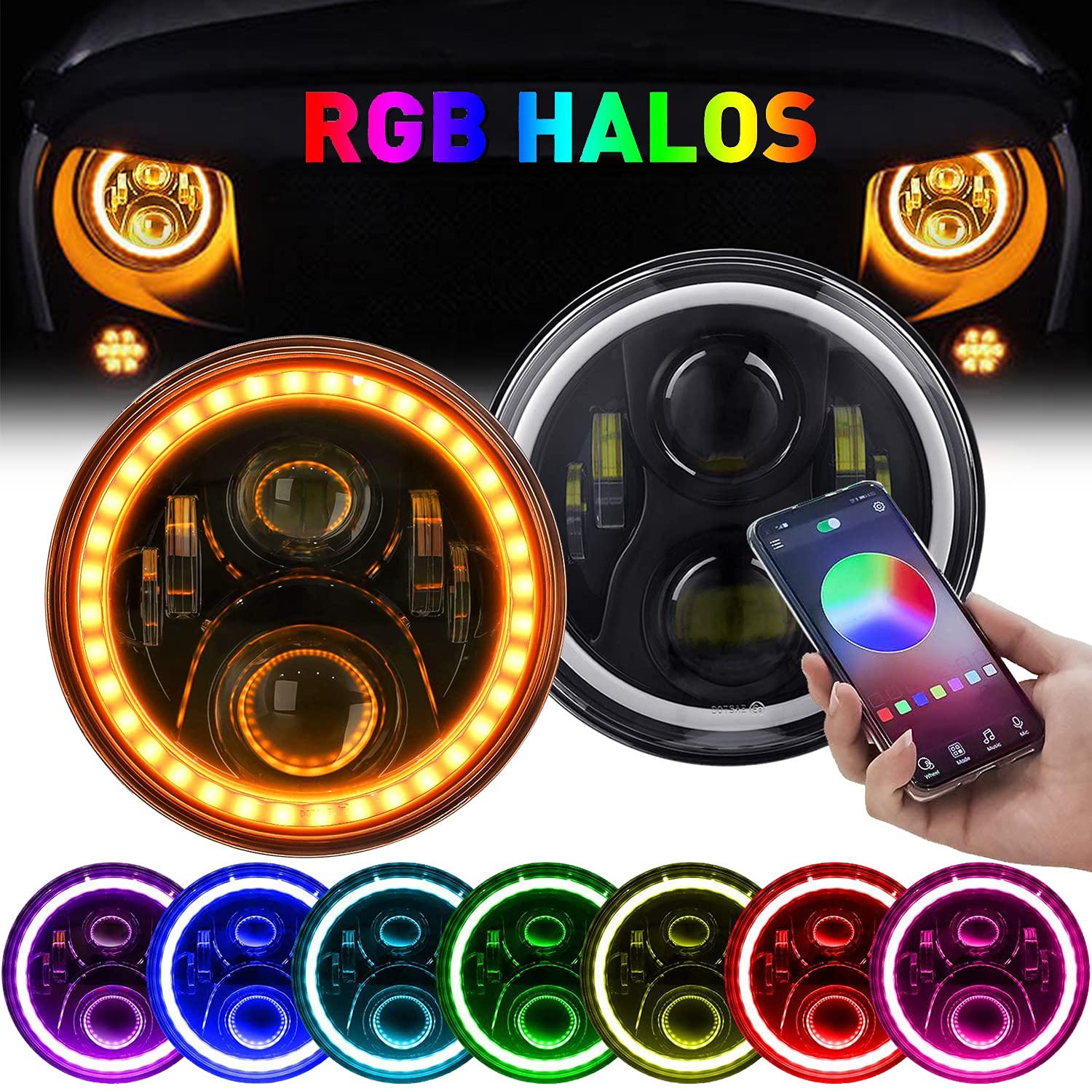 RGB LED Headlights for Jeep Wrangler TJ LJ JK JKU - 7-inch Rotating Halo Lights with Color Changing Angel Eye, DRL High/Low Beam (2PCS) - Perfect for Off-Roading, Night Driving & Custom Car Upgrades