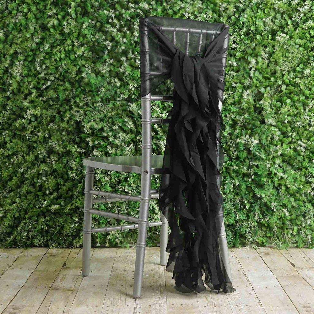 50 Premium Black Curly Chiffon Chair Covers with Sashes - Elegant Wedding, Party & Reception Decorations - Perfect for Banquets, Ceremonies, and Special Events