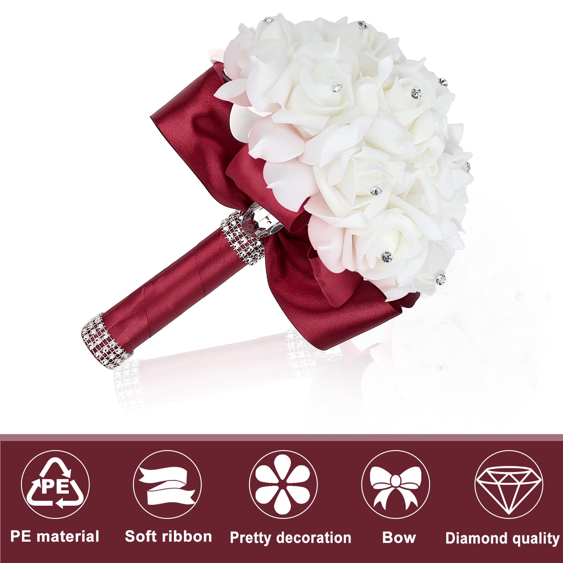 Elegant Burgundy Silk Rose Bridal Bouquet with Crystals - Perfect for Brides, Bridesmaids & Wedding Toss Bouquet - Burgundy & White Wedding Party Flowers for Ceremonies, Receptions & Photo Shoots