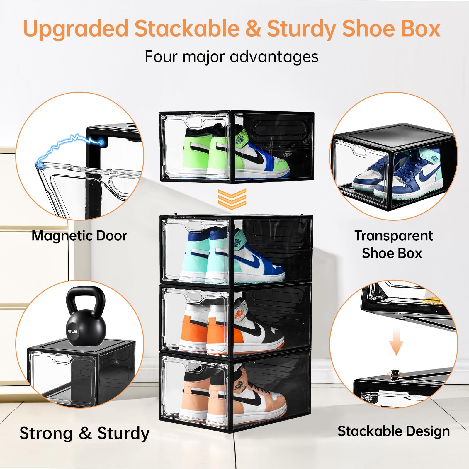 12 Pack Clear Large Shoe Storage Boxes with Magnetic Door - Stackable Shoe Organizer for Sneaker Display | Fits Up to US Size 12 | Easy Assembly Transparent Shoe Containers | Perfect for Closet Organization, Shoe Collection Display & Home Storage Solutions