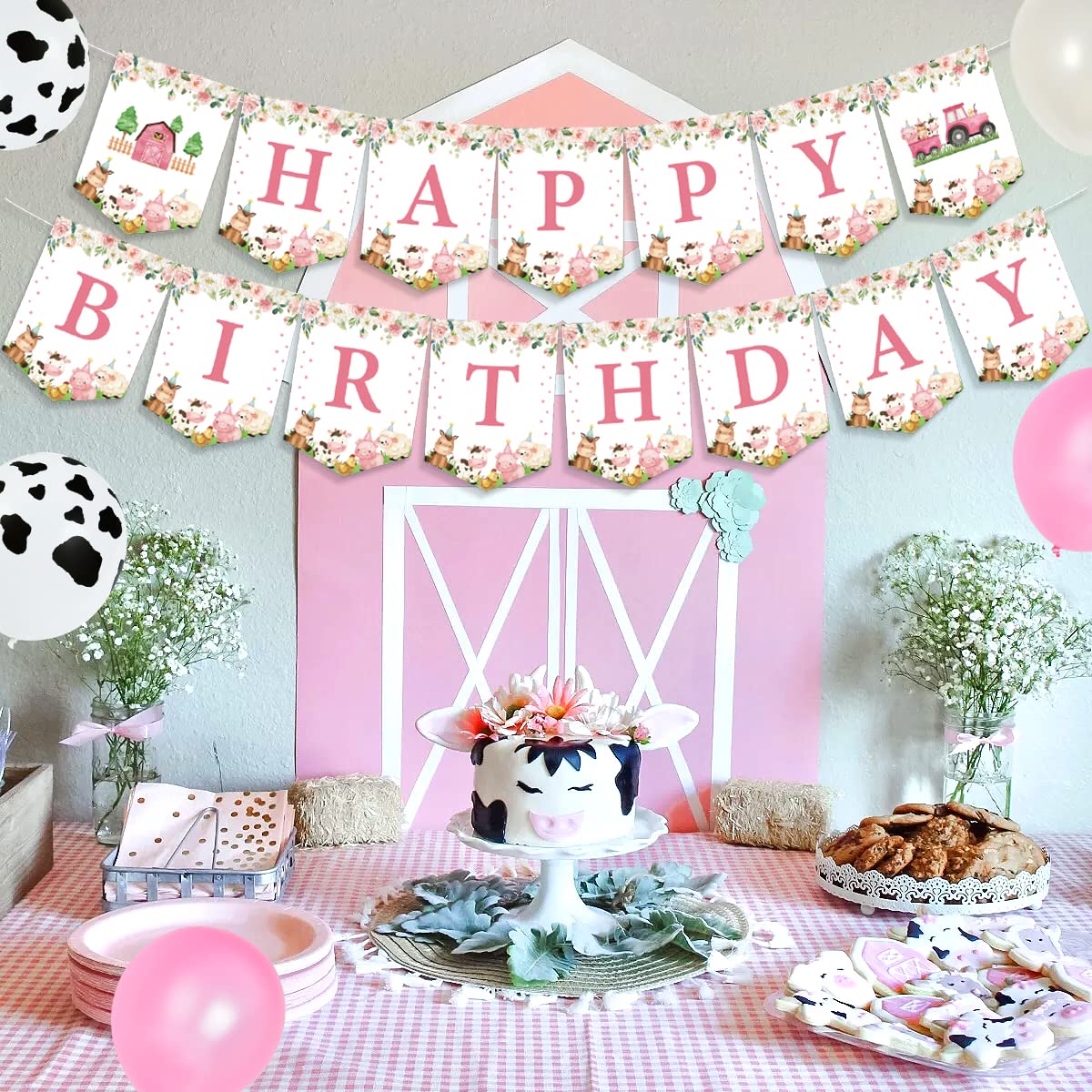 Farm Animal Birthday Banner - Pink Cow, Tractor & Barnyard Themed Party Decor for Girls | Perfect for Baby Showers, Farm Theme Parties & Birthday Celebrations