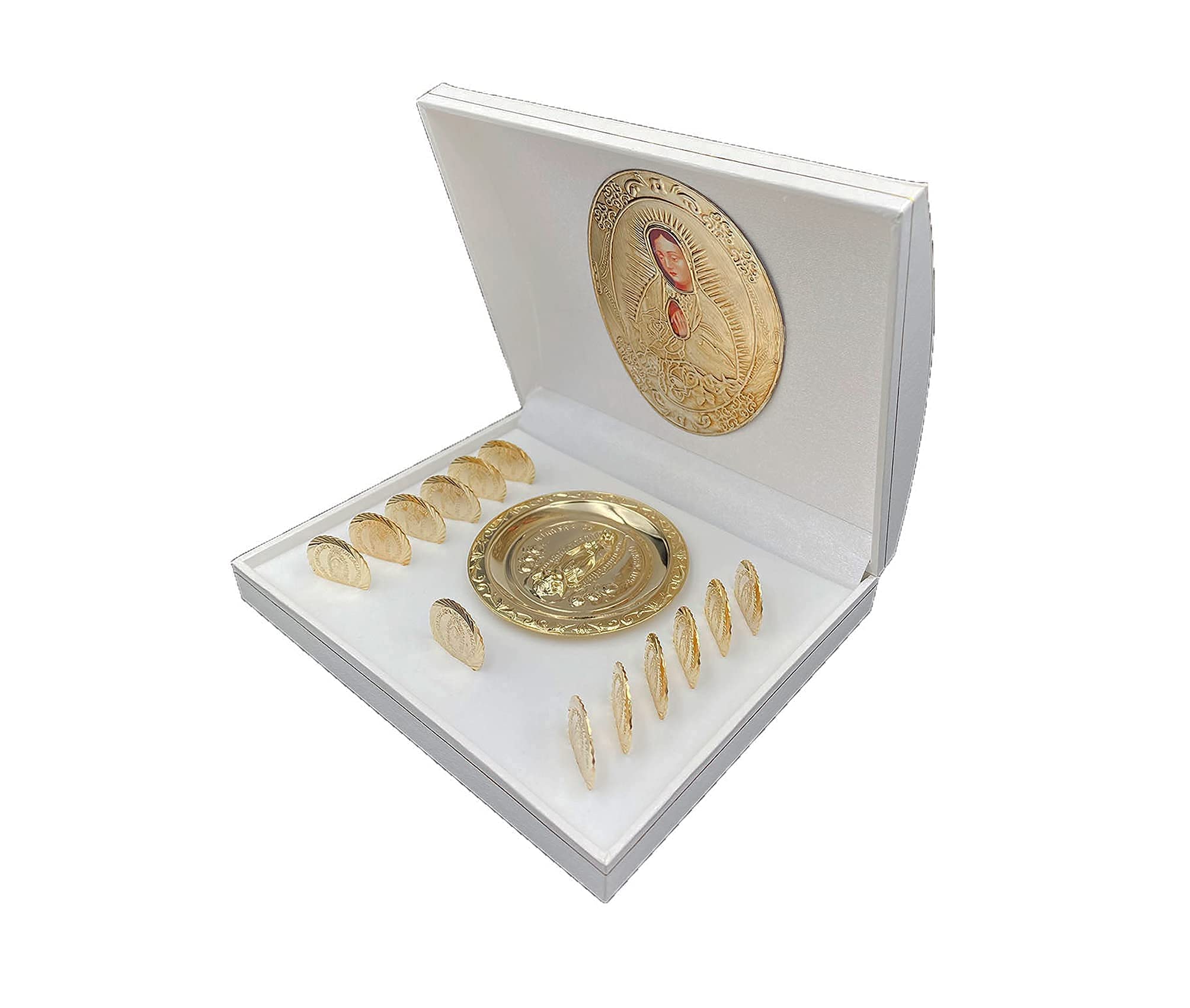 Wedding Unity Coins Set - Classic Gold-Plated Ceremony Arras with White Decorated Case & Our Lady of Guadalupe Tray - Perfect for Catholic Weddings, Vow Renewals, and Anniversary Celebrations