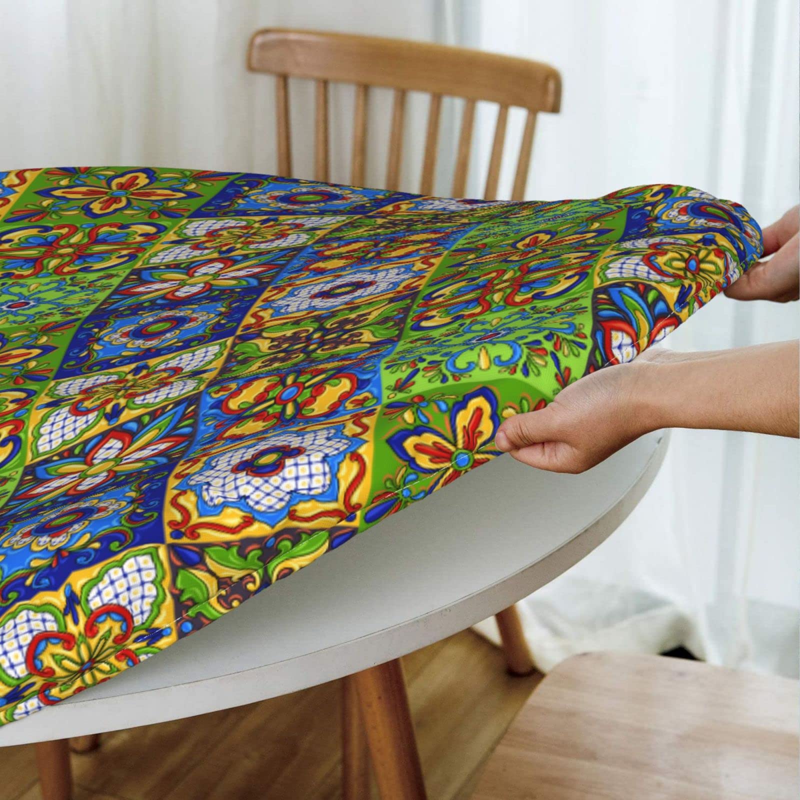WOAIDY Mexican Talavera Elastic Edged Fitted Round Tablecloth - Decorative Stretch Table Cover for 40