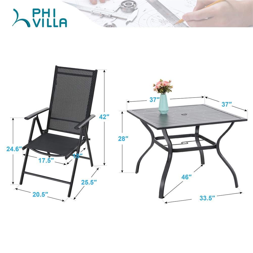PHI VILLA 4-Piece Outdoor Patio Dining Set with Large Navy Blue Umbrella - Weather-Resistant Folding Chairs & Table for Backyard, Garden, Poolside or Deck - Perfect for BBQs, Family Gatherings & Outdoor Entertaining