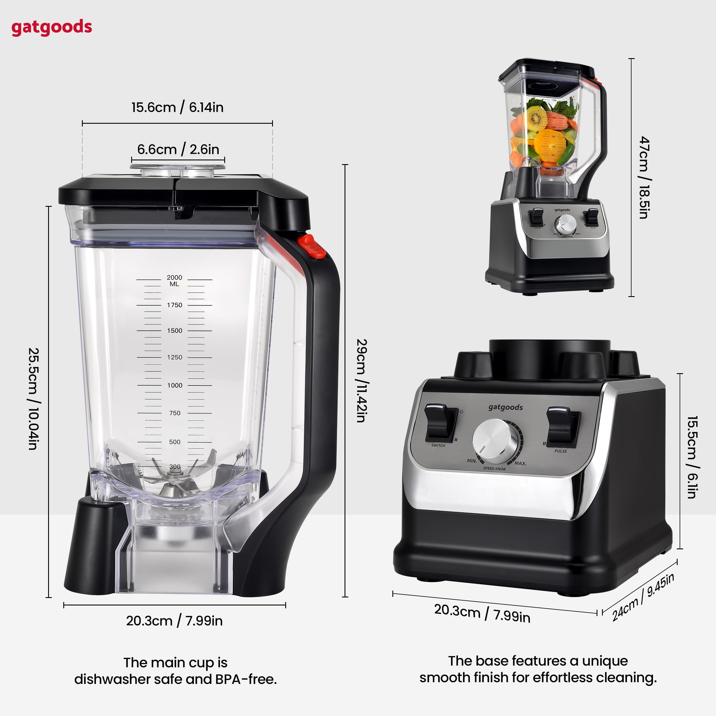 2200W Professional High-Speed Commercial Blender - 72oz Large Capacity, Variable Speed Control, Self-Cleaning & Dishwasher Safe - Perfect for Smoothies, Juices, Soups & Food Prep in Restaurants, Cafes & Homes