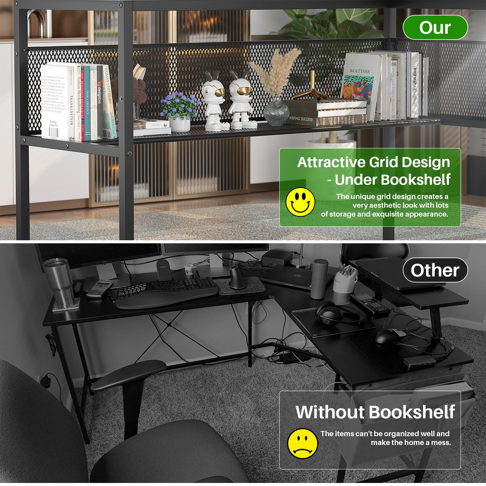 L Shaped Computer Desk with Power Outlets & LED Light - 55 Inch Corner Office Desk with Monitor Stand & Storage - Reversible Gaming Desk in Black Oak - Perfect for Home Office, Gaming Setup & Small Spaces