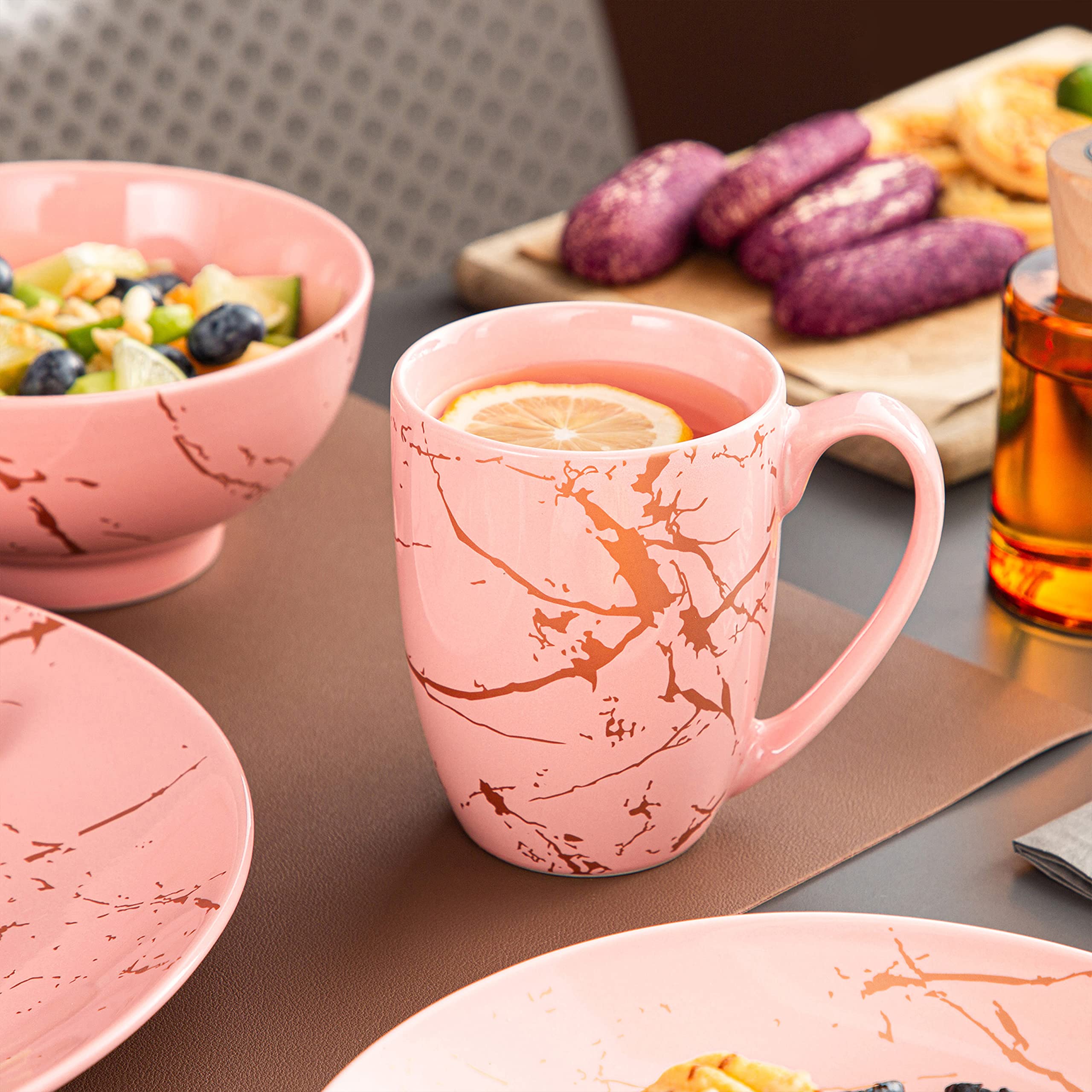 LOVECASA 32-Piece Porcelain Dinnerware Set for 8 - Pink Plates & Bowls with Gold Splash Glaze, Modern Ceramic Dish Set, Dishwasher & Microwave Safe - Perfect for Family Dinners, Parties & Restaurant Use
