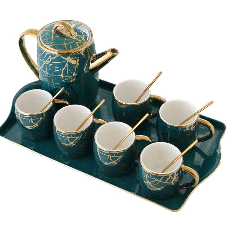 Luxury Ceramic Tea and Coffee Cup Set - 6-Piece Gold Trimmed Cups with Spoons, Teapot & Tray - Elegant Tea Party, Office, or Home Decor Gift Set