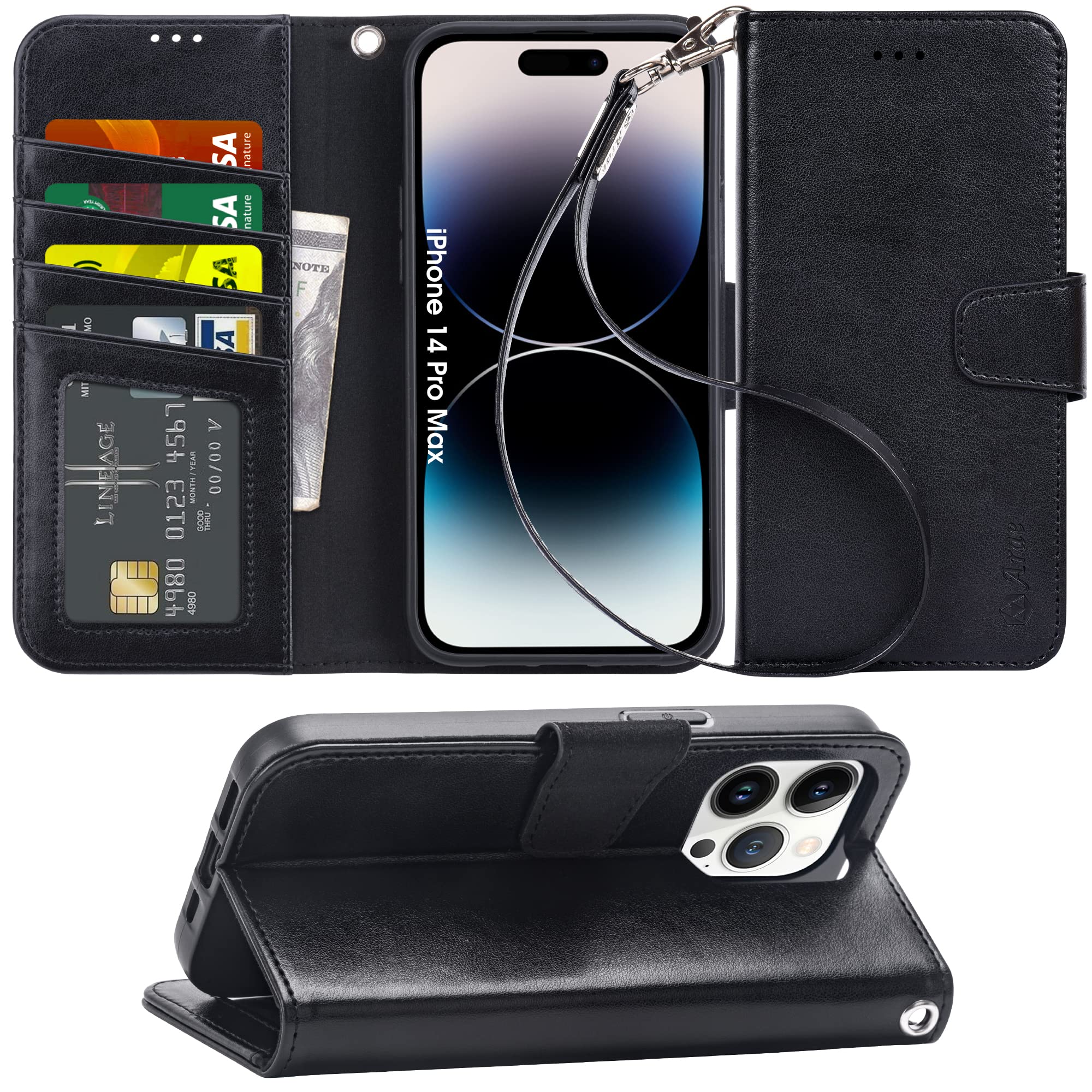 Arae iPhone 14 Pro Max Wallet Case with Card Holder & Wrist Strap - 6.7 Inch Flip Cover for iPhone 14 Pro Max (Black) | Slim Protective Phone Case with RFID Blocking for Credit Cards | Perfect for Travel, Shopping & Everyday Use