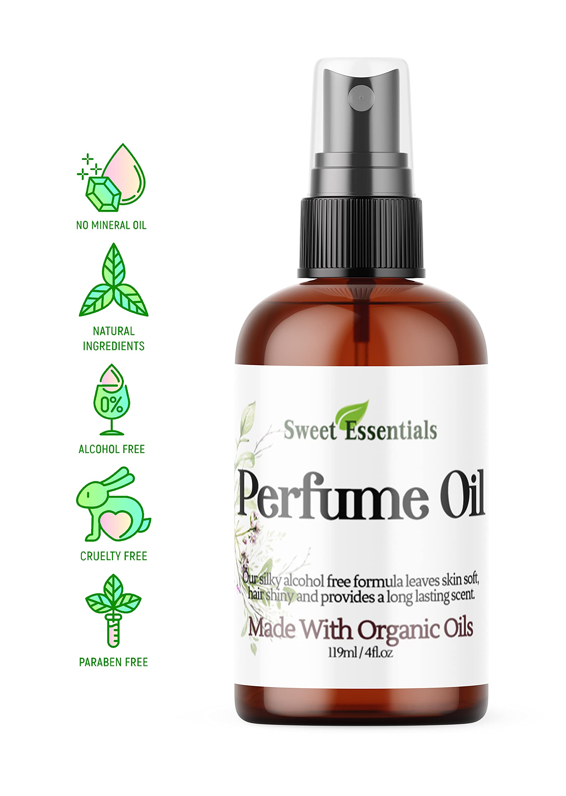Sweet Essentials Floral Musk Perfume Oil - Organic, Alcohol-Free, Silicone-Free & Preservative-Free Fragrance for Hair & Body (4 fl oz Spray) - Perfect for Daily Wear, Date Nights & Special Occasions