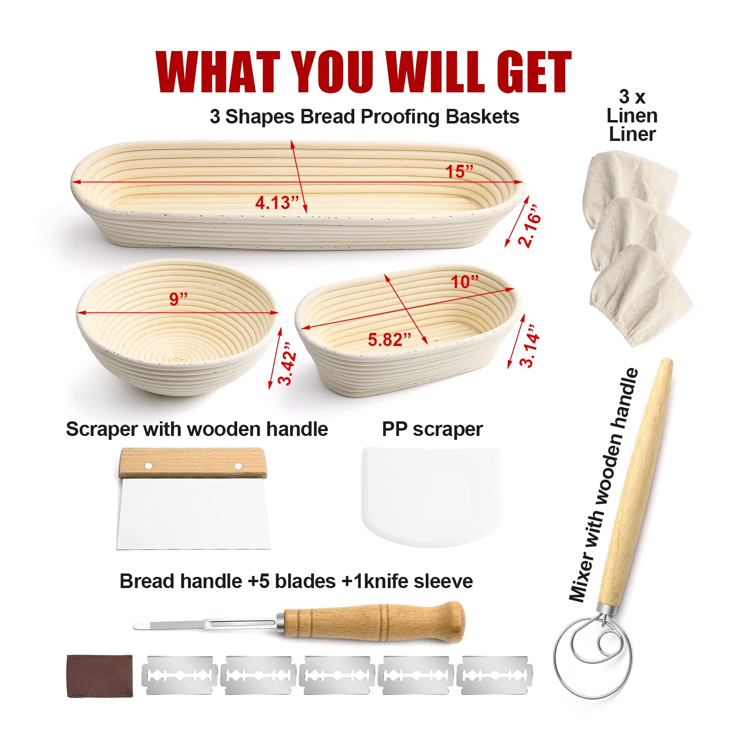 Banneton Bread Proofing Basket Set - 9'' Round, 10'' Oval & Baguette Cane Sourdough Proofing Baskets with Dough Whisk, Scrapers & Bread Lame - Complete Sourdough Bread Baking Kit for Artisan Bread Making at Home